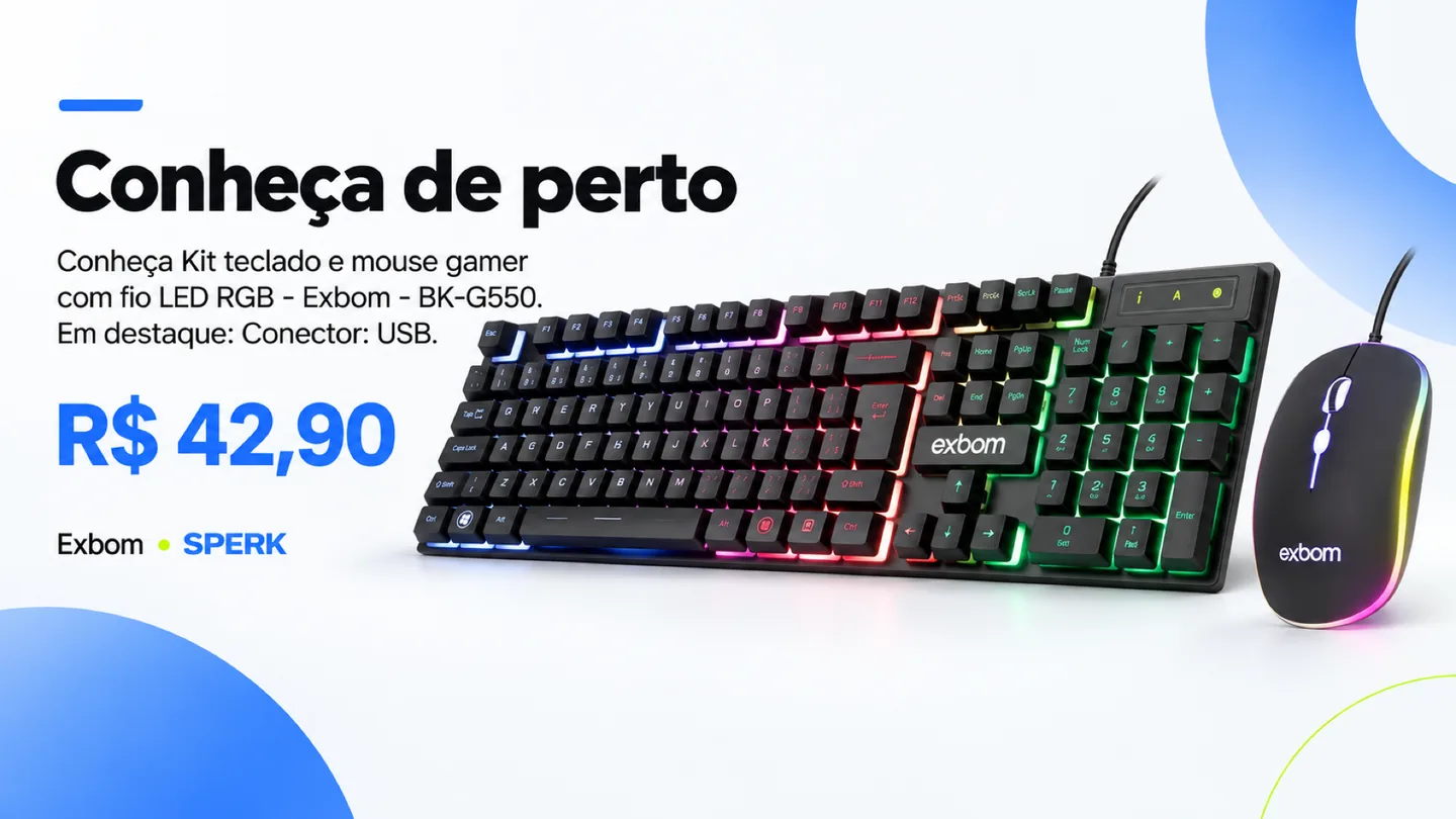 Kit teclado e mouse gamer com fio LED RGB - Exbom - BK-G550 — heroi descricao