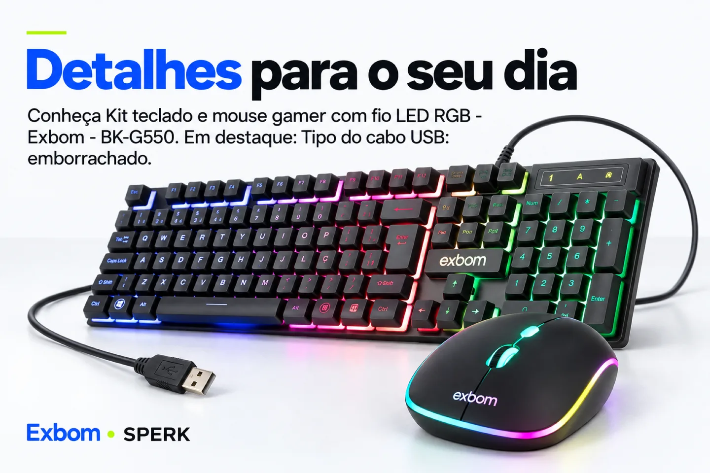 Kit teclado e mouse gamer com fio LED RGB - Exbom - BK-G550 — diferencial uso