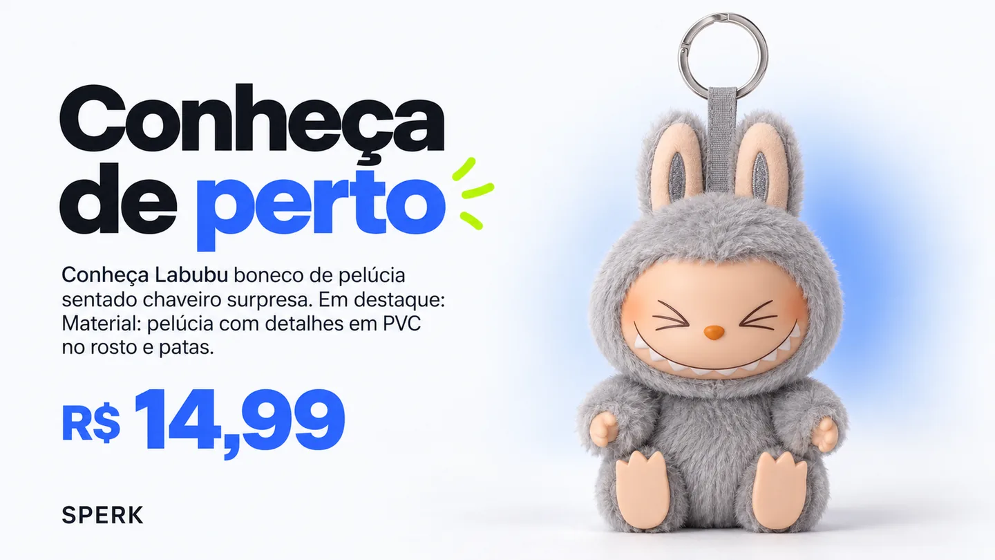 Labubu boneco de pelúcia sentado chaveiro surpresa — heroi descricao