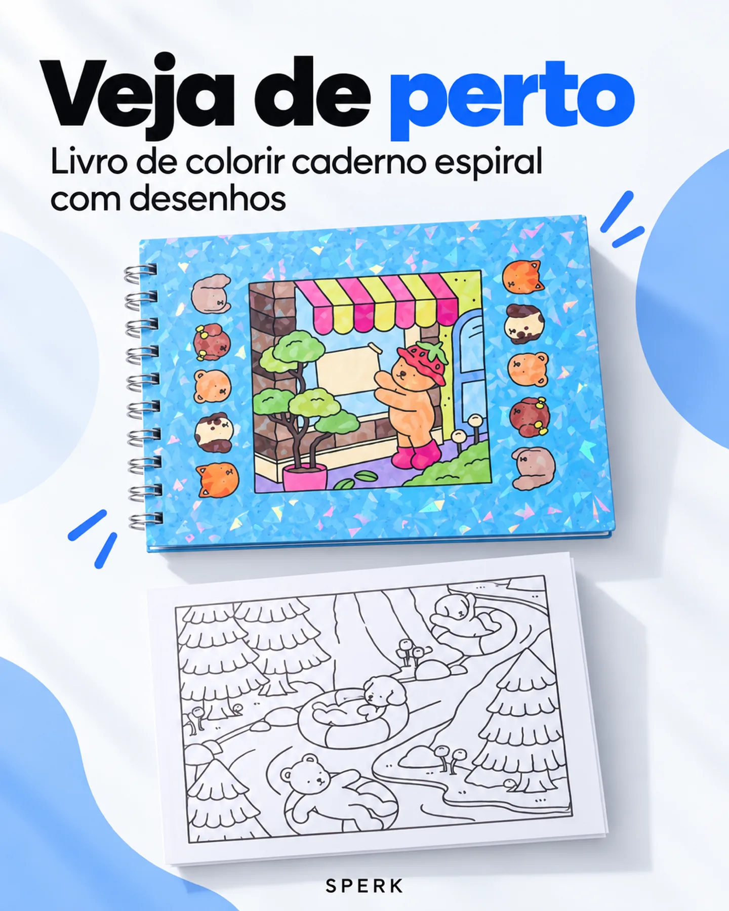 Livro de colorir caderno espiral com desenhos — painel 3