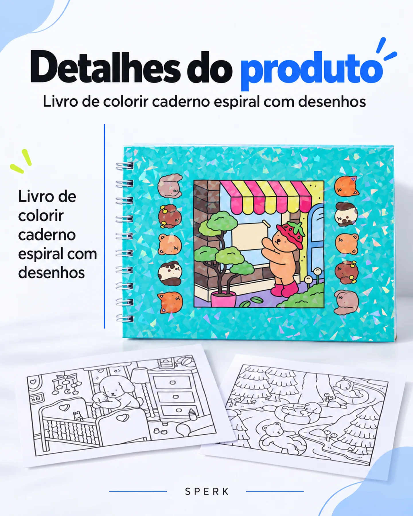 Livro de colorir caderno espiral com desenhos — painel 4