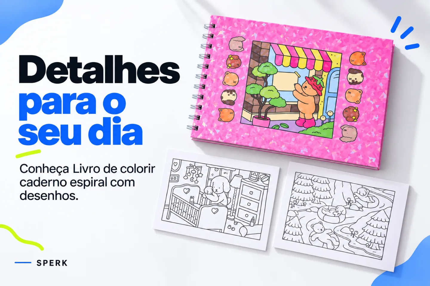 Livro de colorir caderno espiral com desenhos — diferencial uso