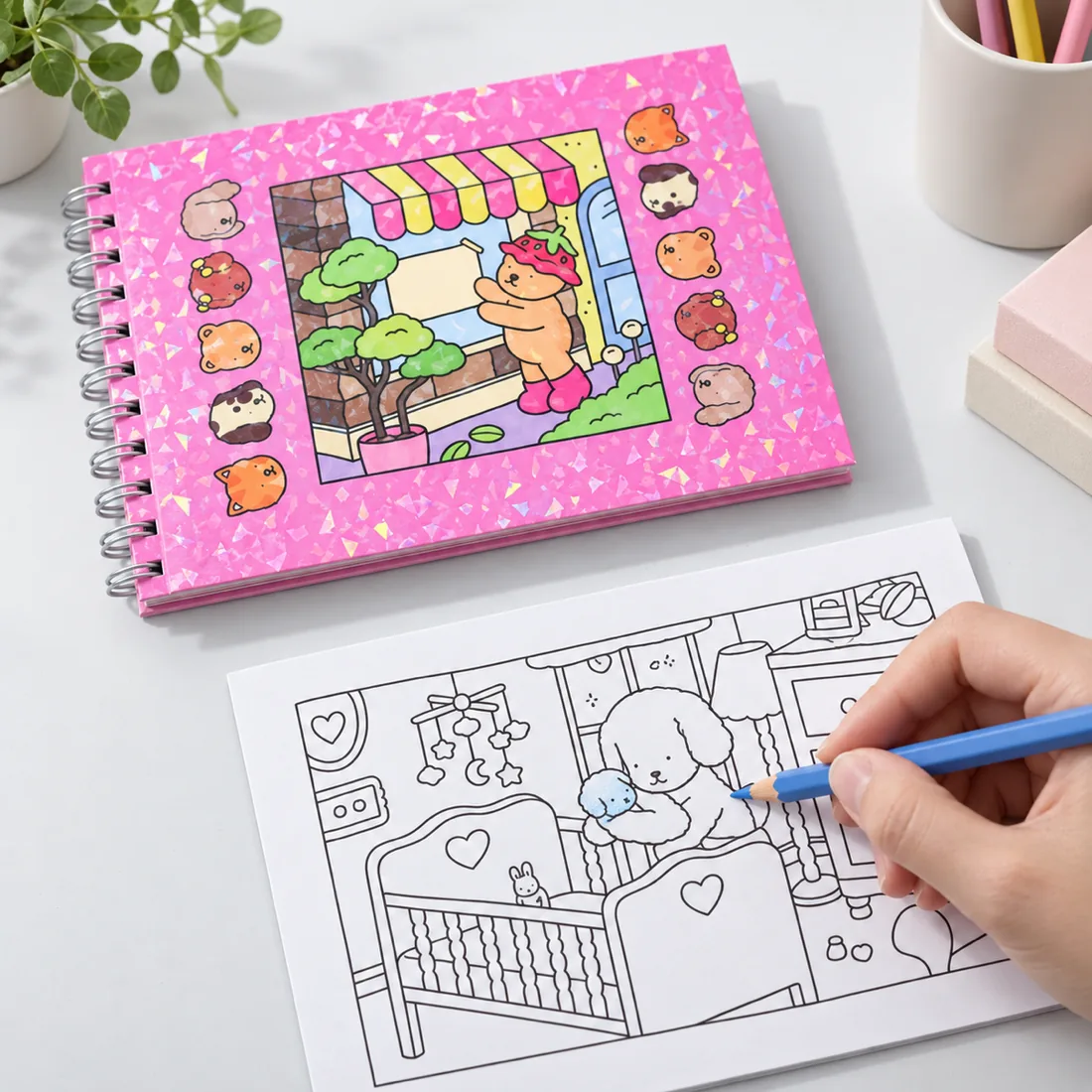 Livro de colorir caderno espiral com desenhos — uso