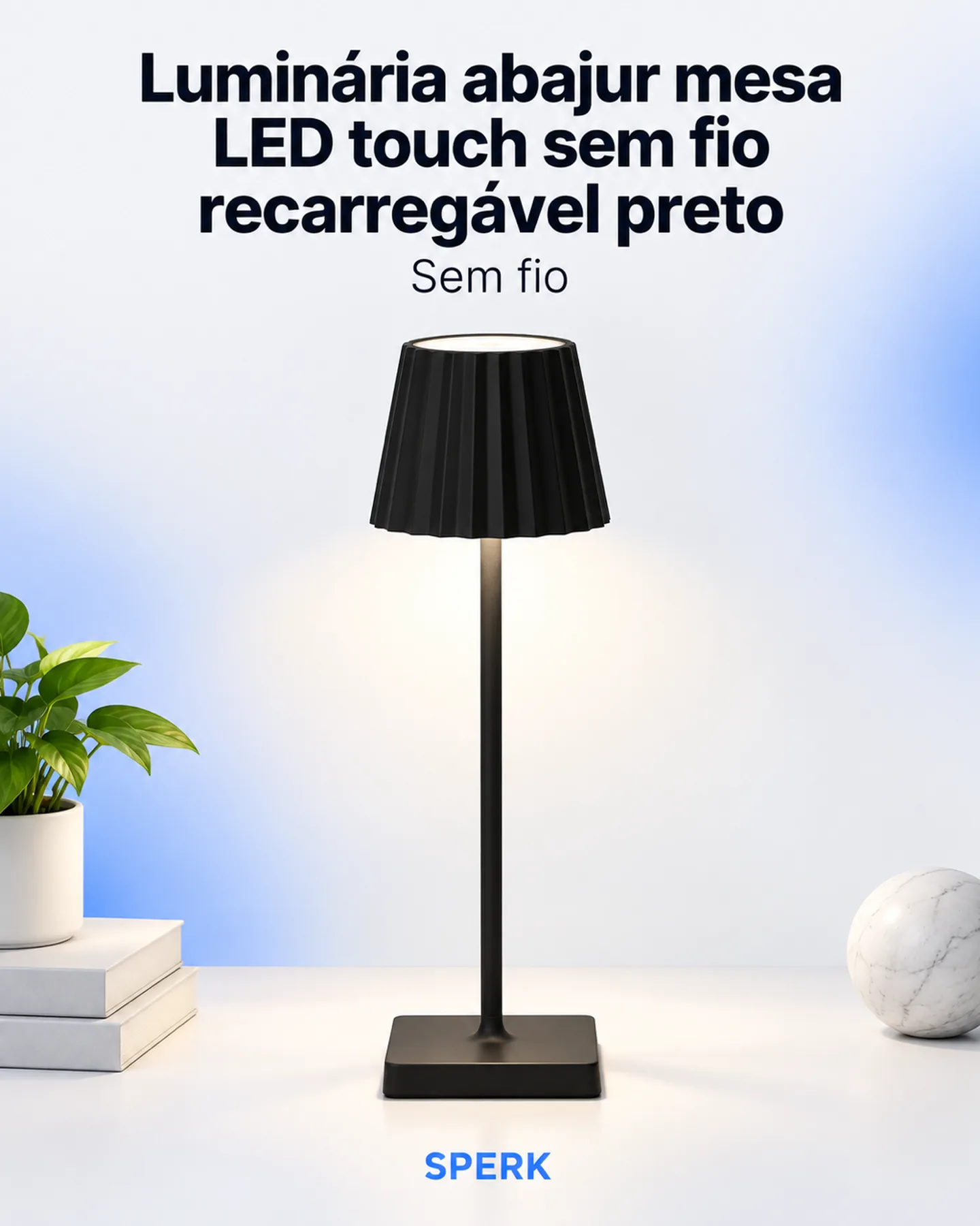 Luminária abajur mesa LED touch sem fio recarregável preto — painel 1