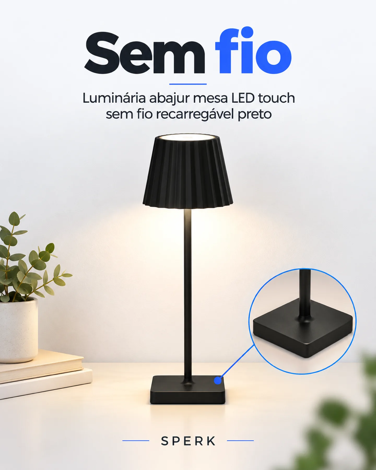 Luminária abajur mesa LED touch sem fio recarregável preto — painel 2