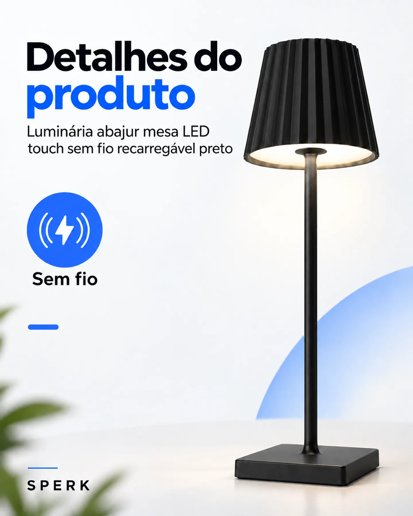 Luminária abajur mesa LED touch sem fio recarregável preto — painel 4