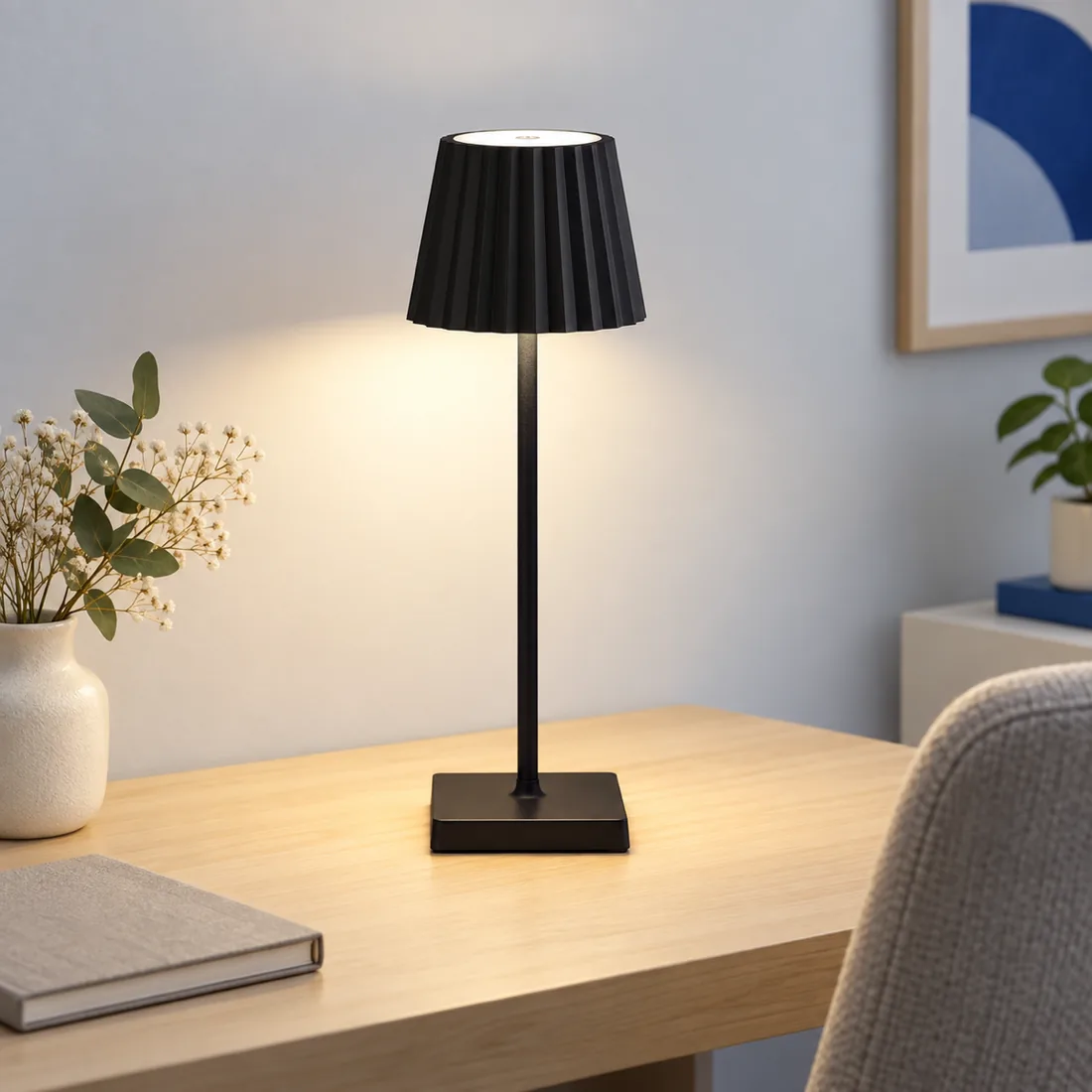 Luminária abajur mesa LED touch sem fio recarregável preto — uso