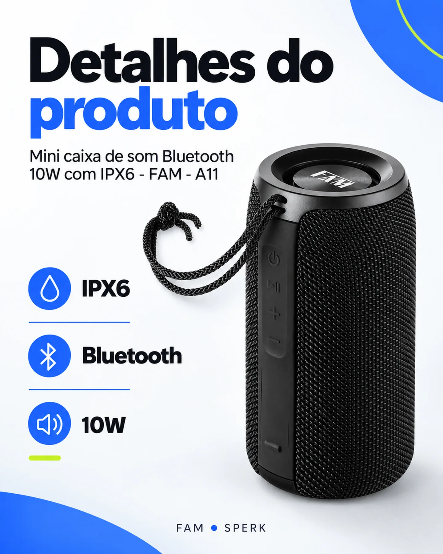 Mini caixa de som Bluetooth 10W com IPX6 - FAM - A11 — painel 4