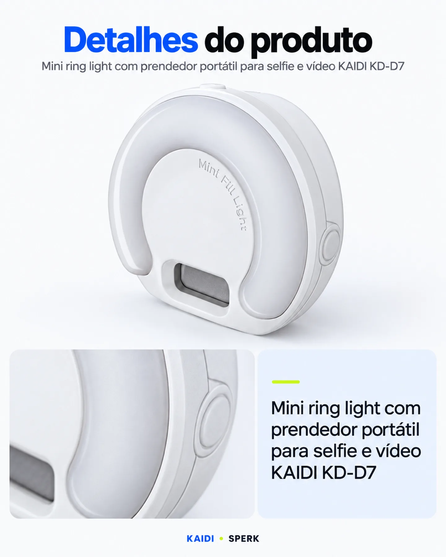 Mini ring light com prendedor portátil para selfie e vídeo KAIDI KD-D7 — painel 5
