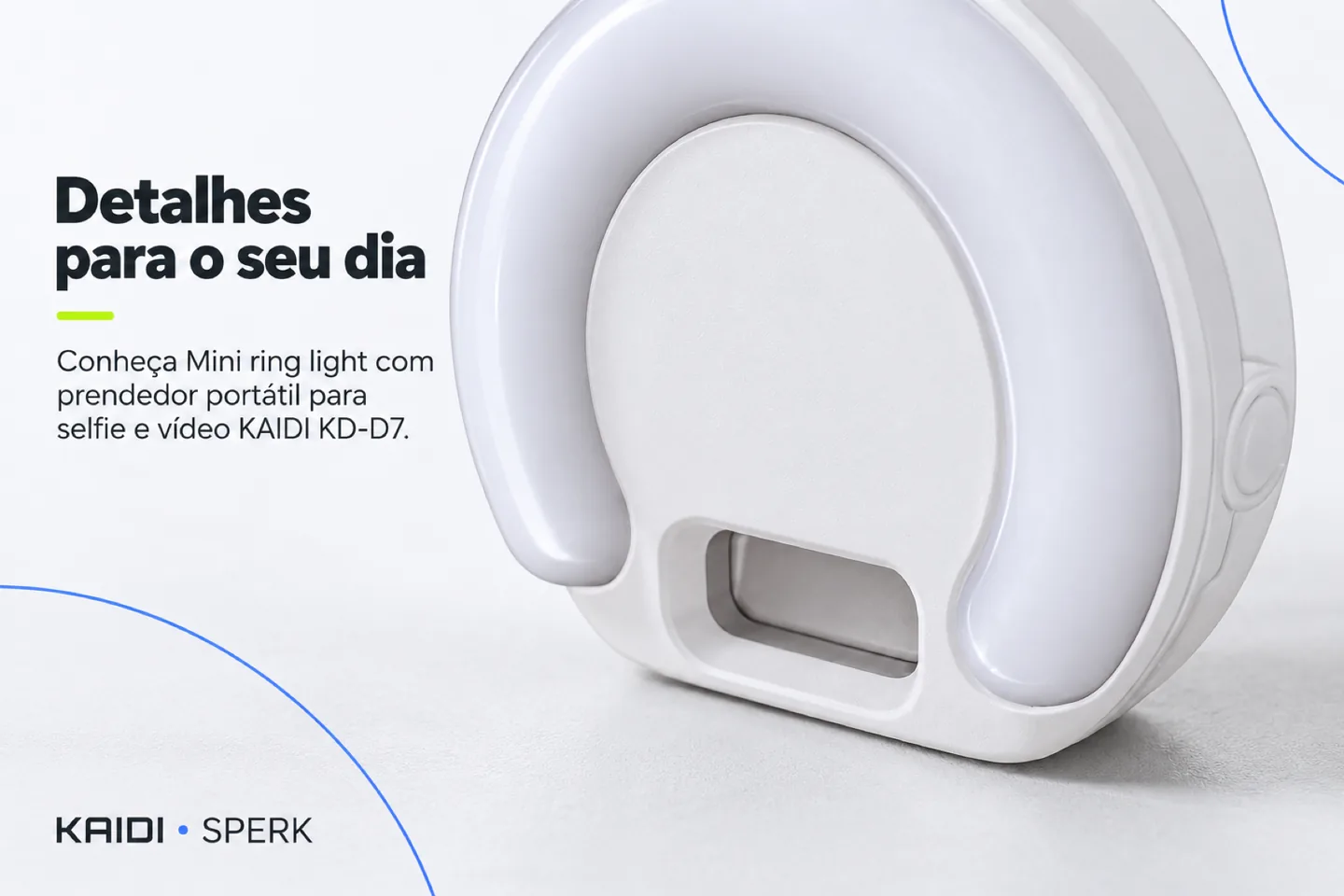 Mini ring light com prendedor portátil para selfie e vídeo KAIDI KD-D7 — diferencial uso