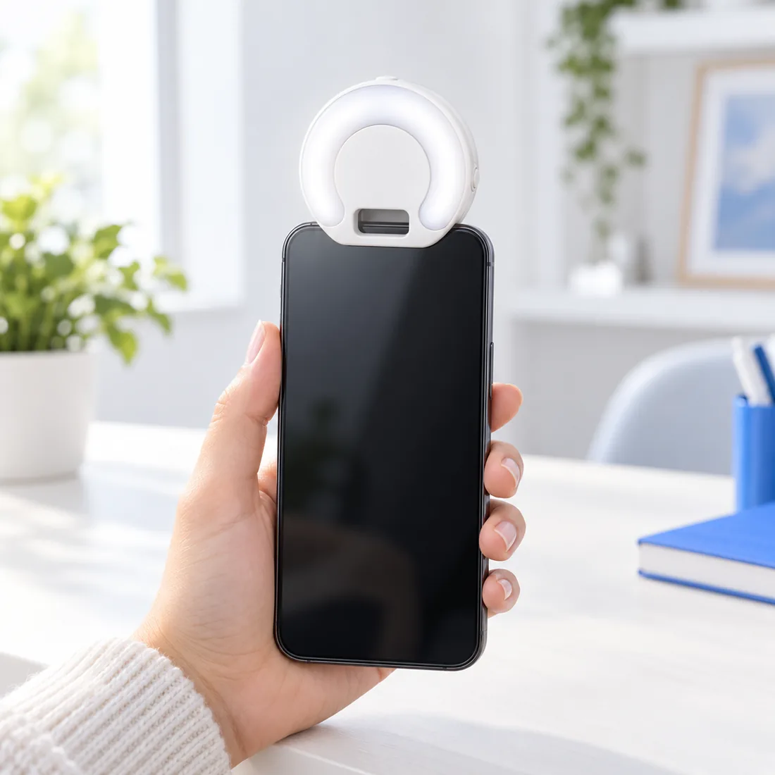 Mini ring light com prendedor portátil para selfie e vídeo KAIDI KD-D7 — uso