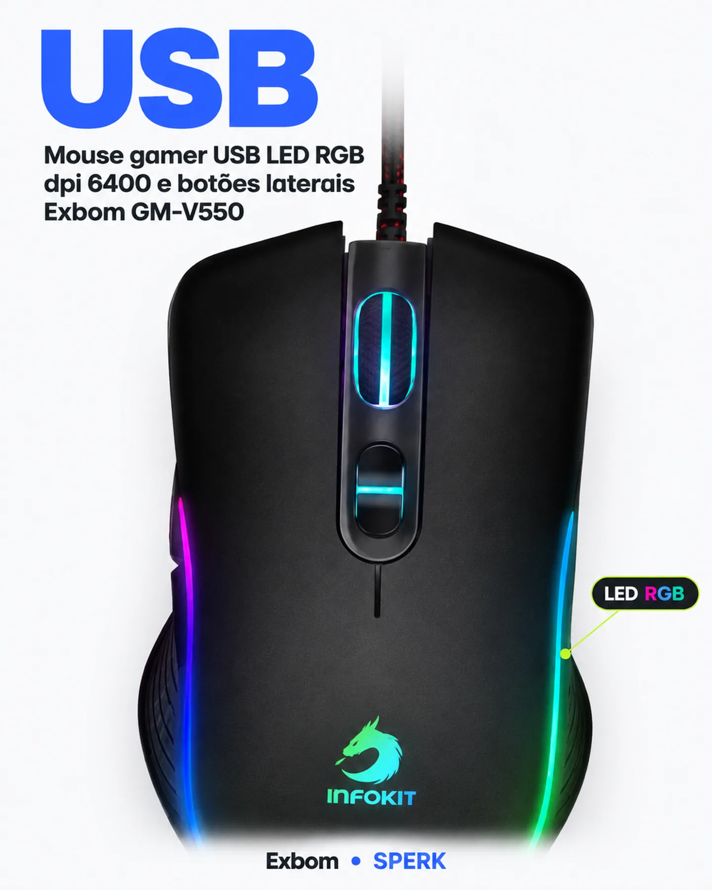 Mouse gamer USB LED RGB dpi 6400 e botões laterais Exbom GM-V550 — painel 2