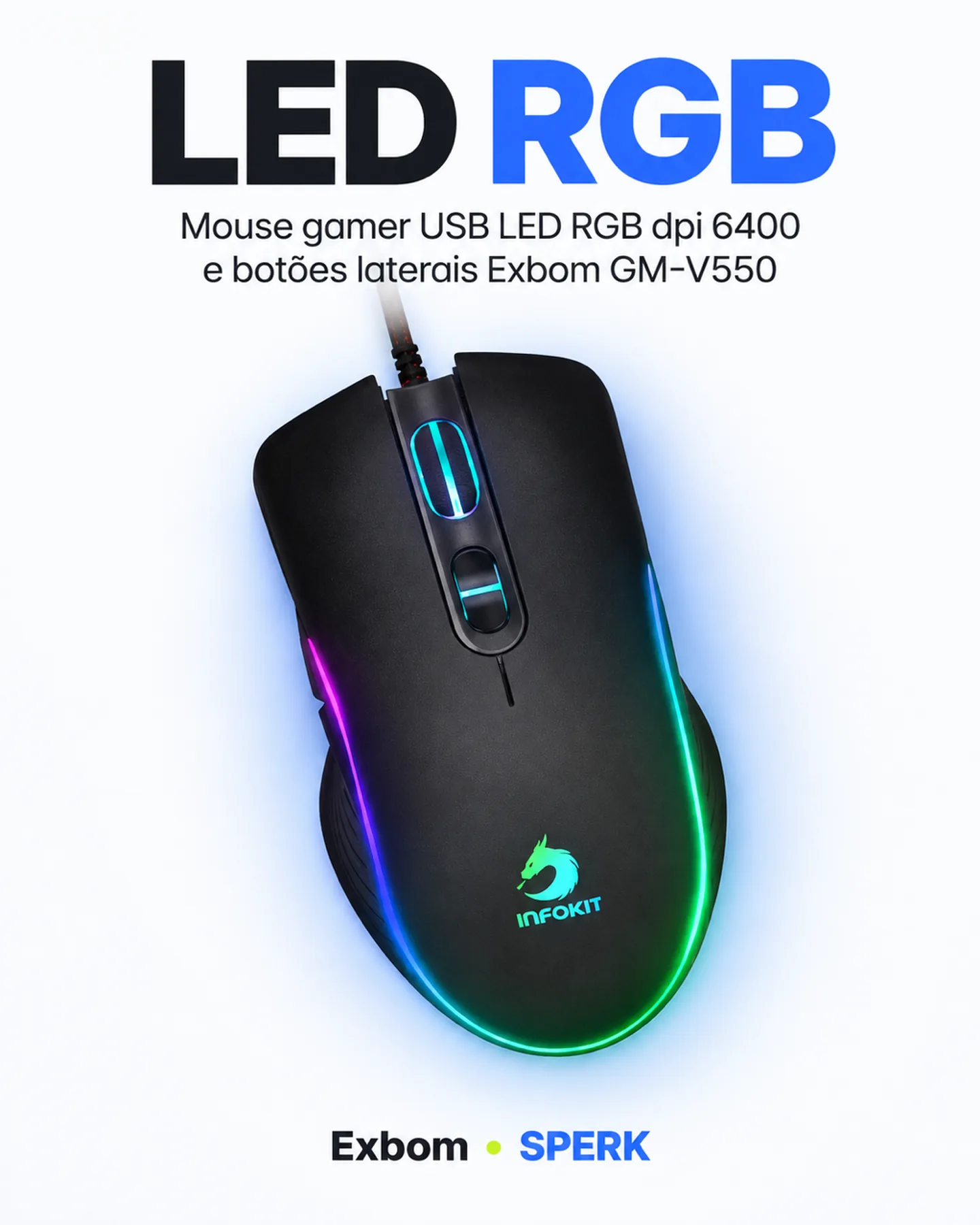 Mouse gamer USB LED RGB dpi 6400 e botões laterais Exbom GM-V550 — painel 3