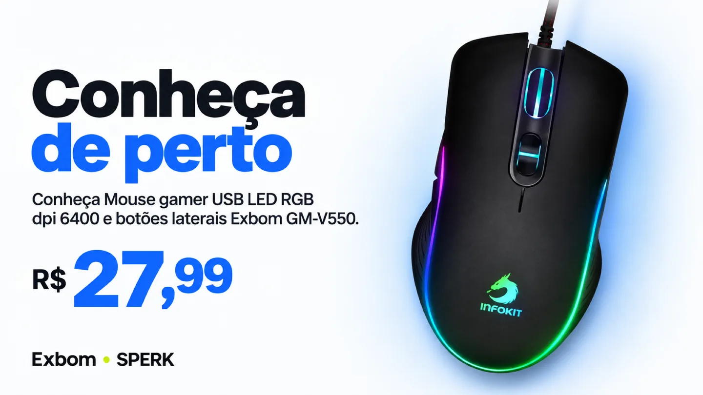 Mouse gamer USB LED RGB dpi 6400 e botões laterais Exbom GM-V550 — heroi descricao