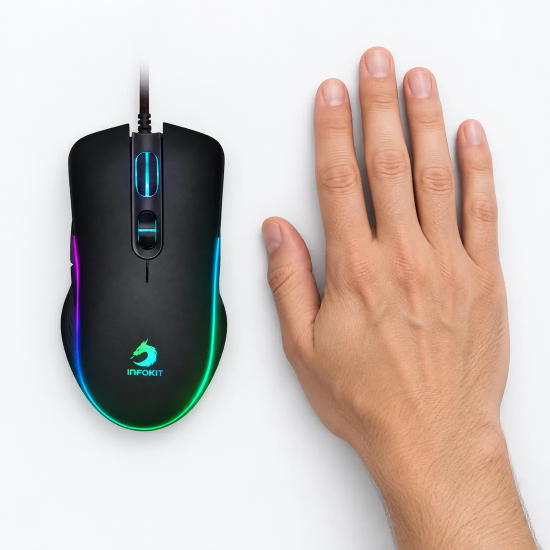 Mouse gamer USB LED RGB dpi 6400 e botões laterais Exbom GM-V550 — escala