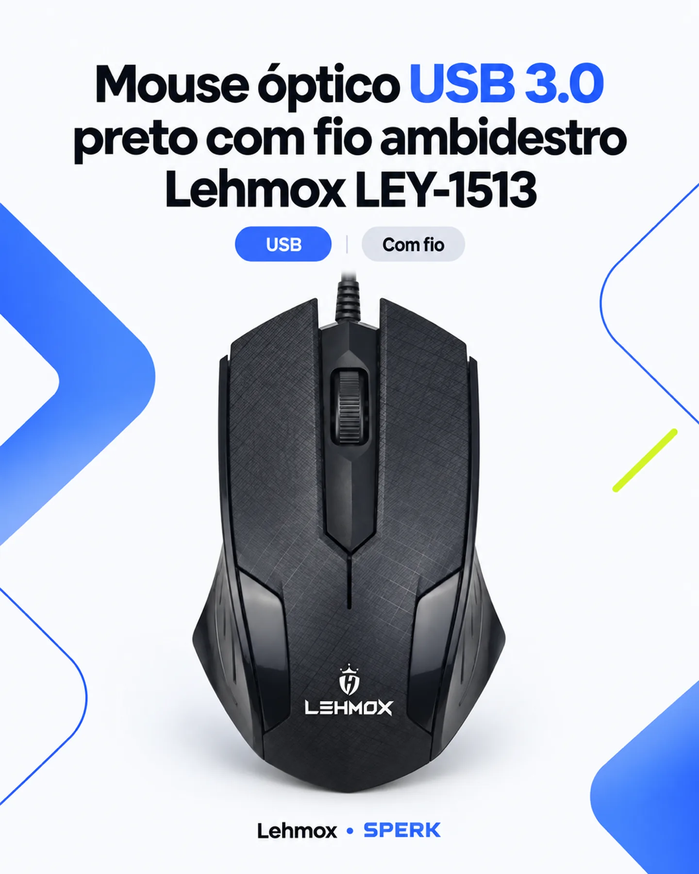Mouse óptico USB 3.0 preto com fio ambidestro Lehmox LEY-1513 — painel 1