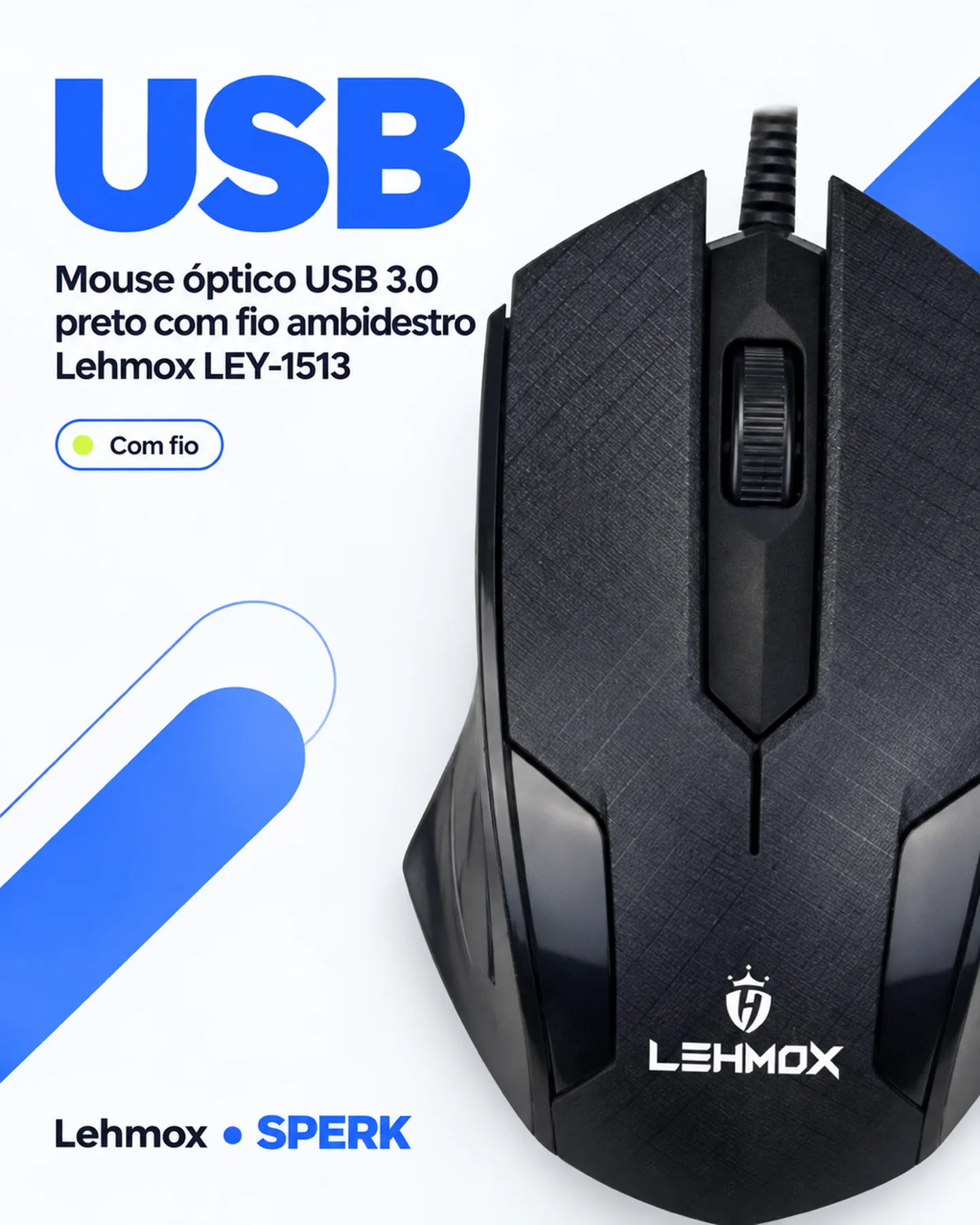 Mouse óptico USB 3.0 preto com fio ambidestro Lehmox LEY-1513 — painel 2