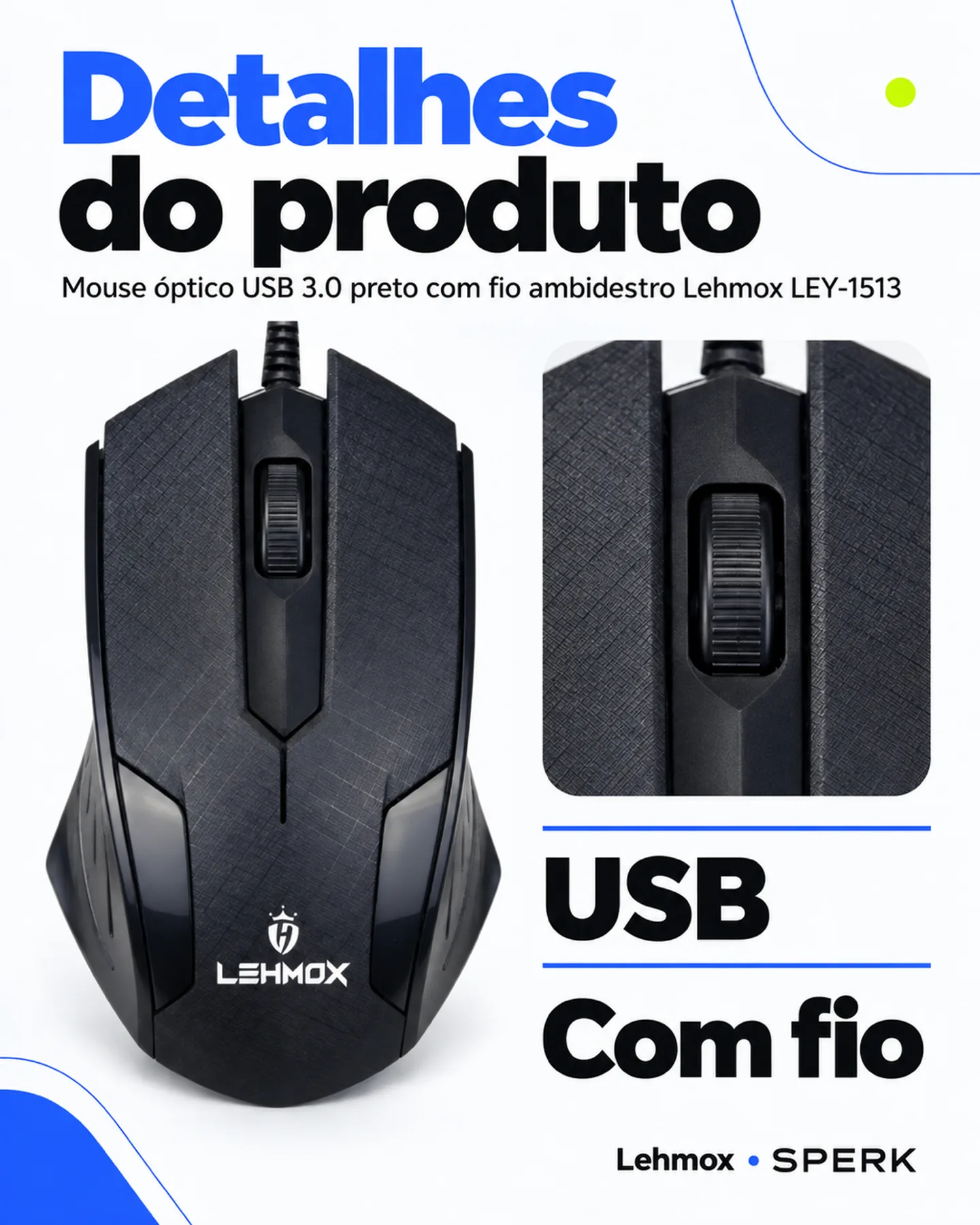 Mouse óptico USB 3.0 preto com fio ambidestro Lehmox LEY-1513 — painel 4