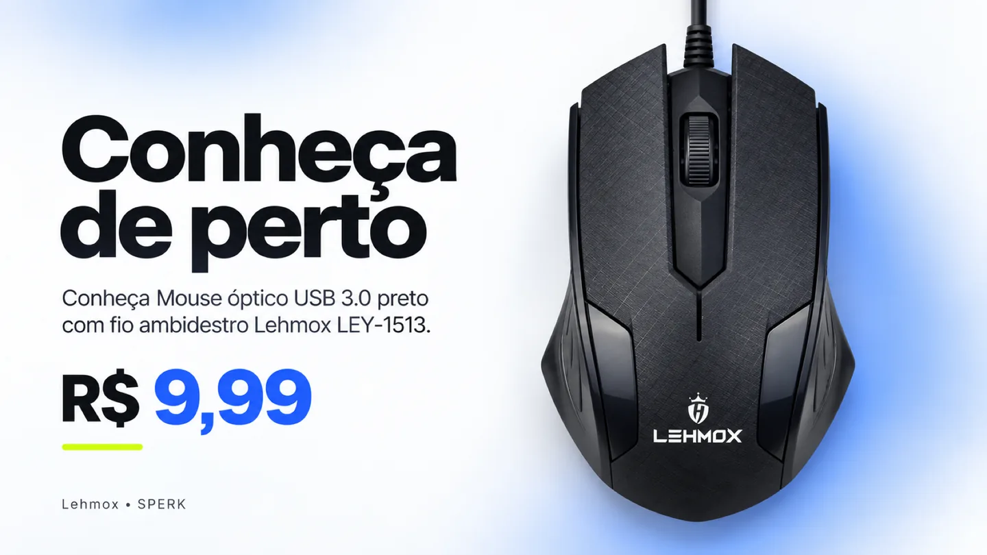Mouse óptico USB 3.0 preto com fio ambidestro Lehmox LEY-1513 — heroi descricao