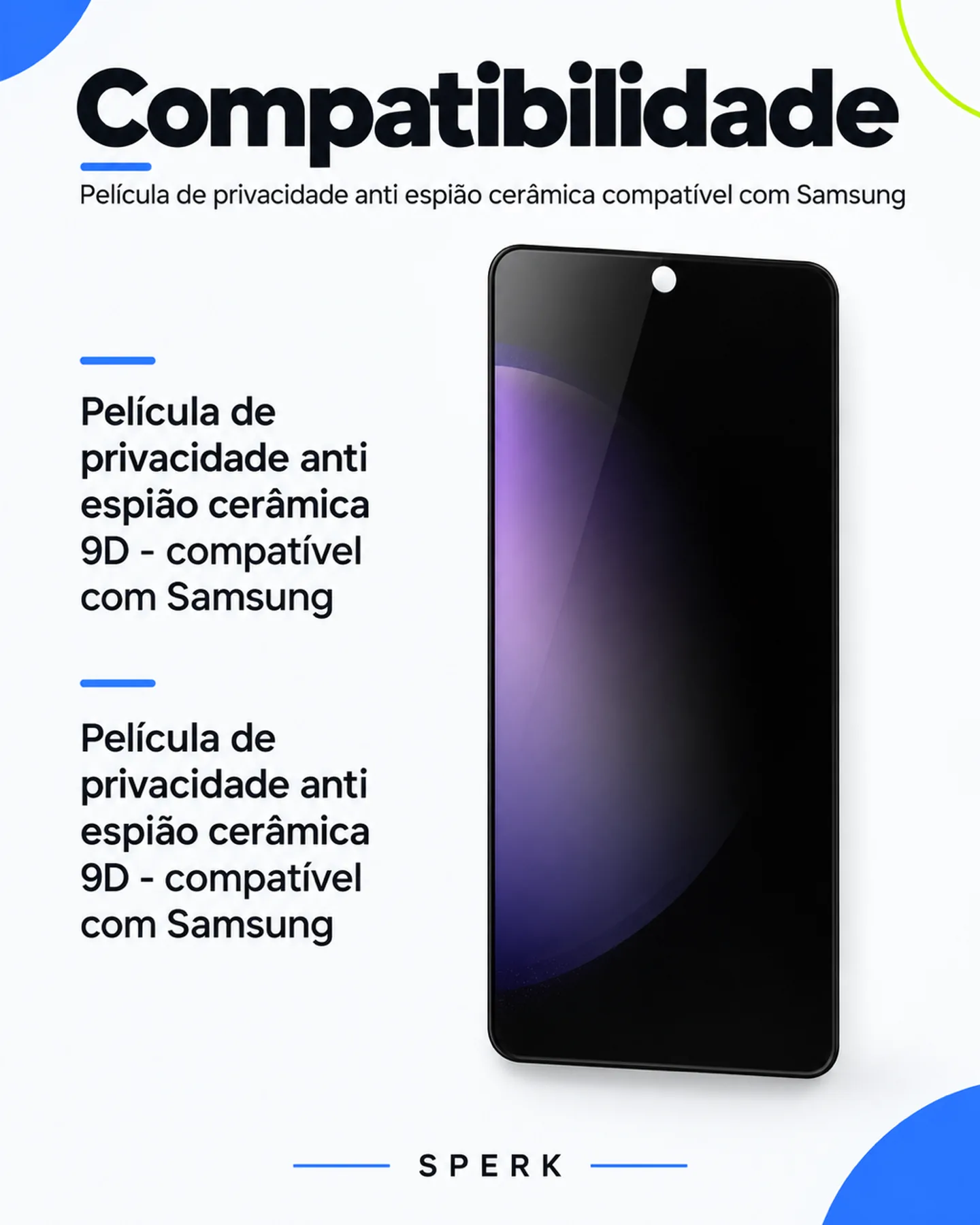 Película de privacidade anti espião cerâmica compatível com Samsung — painel 4