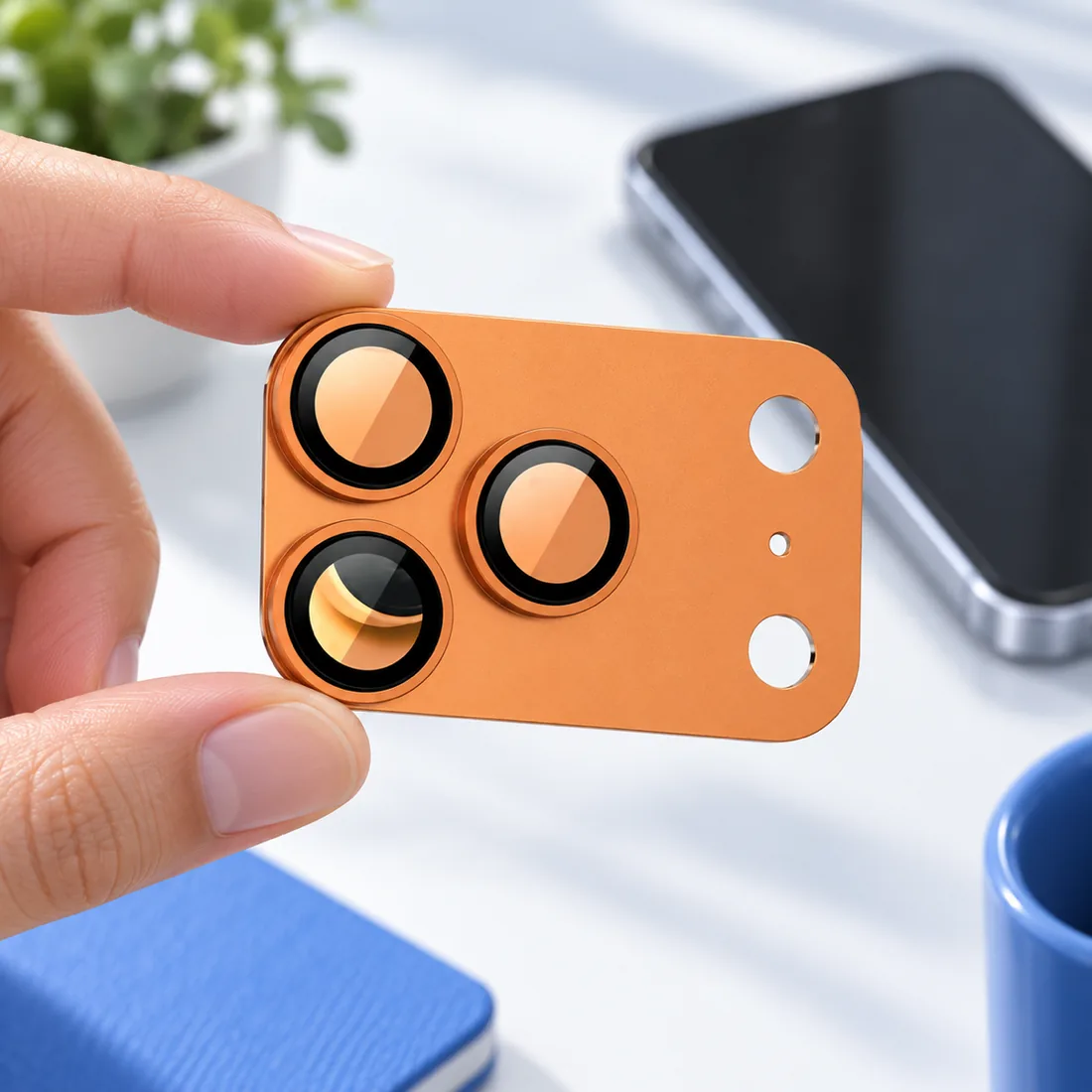 Película metálica para câmera iPhone - laranja, azul e prata — uso