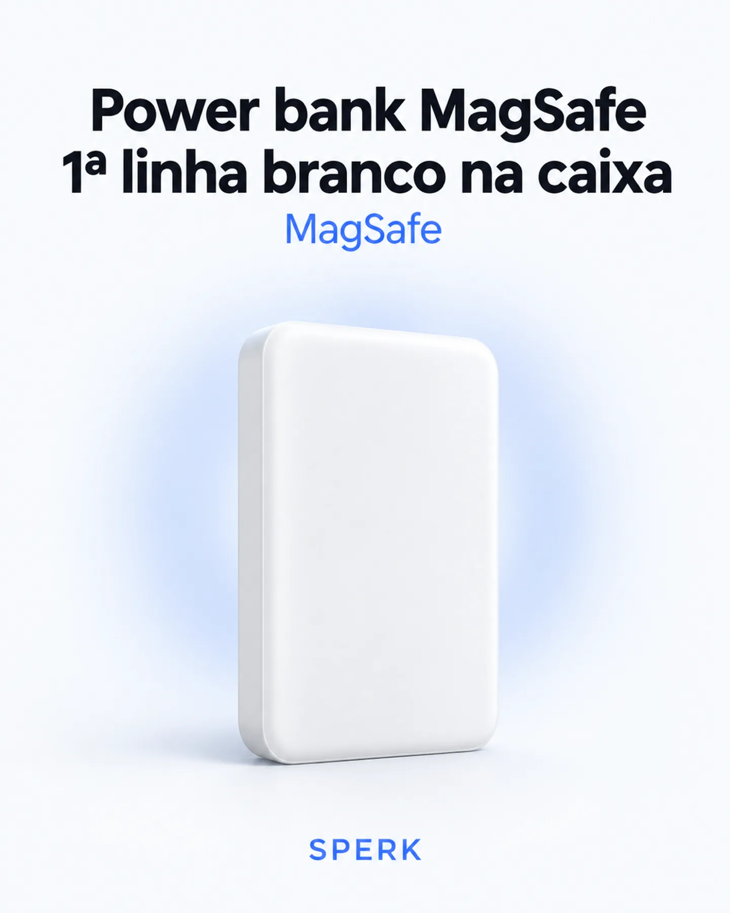 Power bank MagSafe 1ª linha branco na caixa — painel 1
