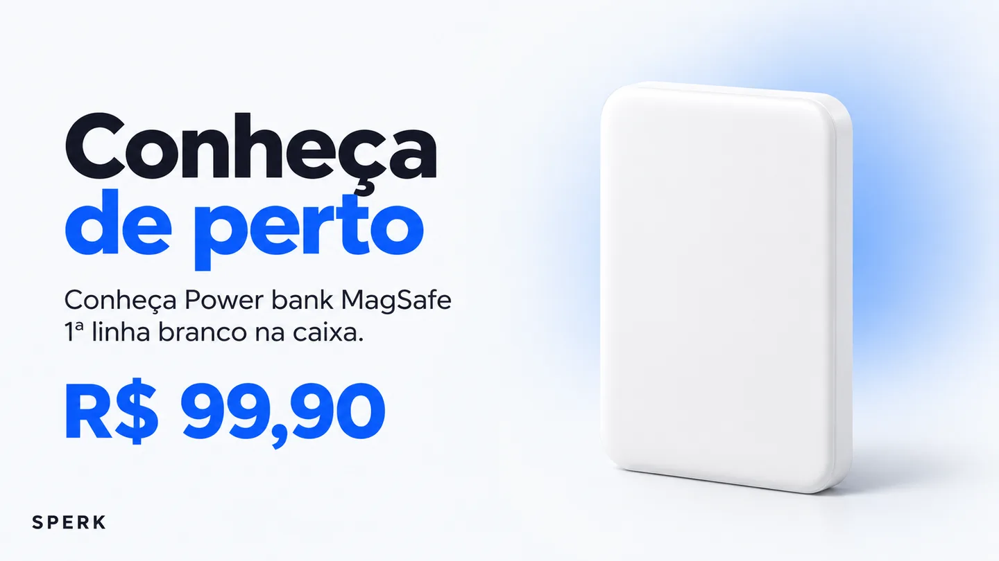 Power bank MagSafe 1ª linha branco na caixa — heroi descricao