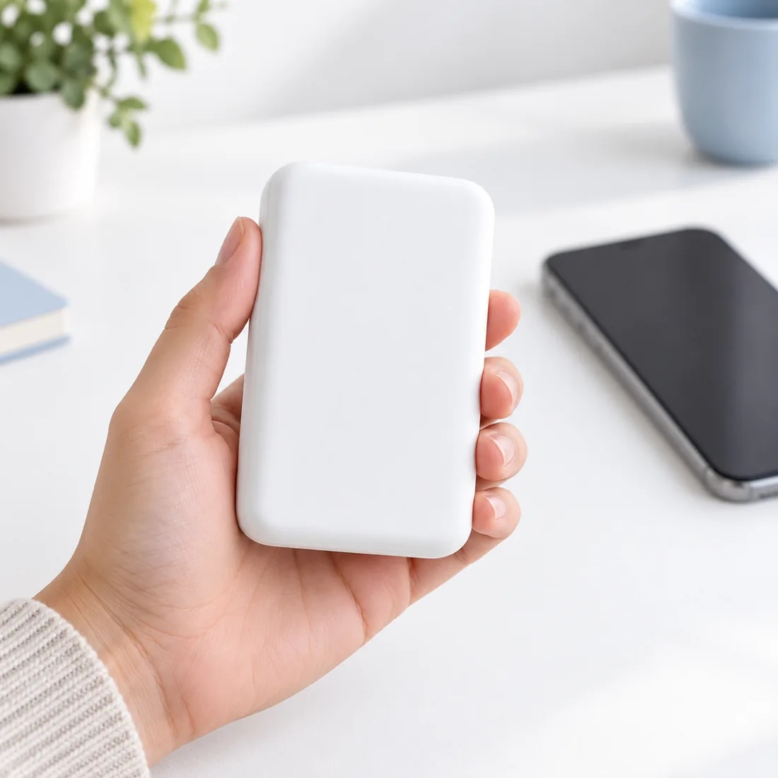 Power bank MagSafe 1ª linha branco na caixa — uso