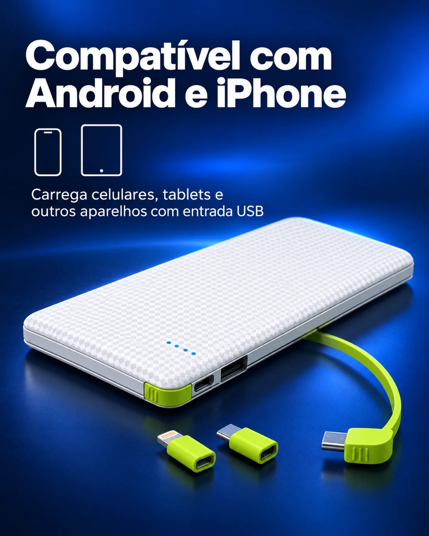Power Bank Universal 10.000 mAh com cabo V8 — Compatibilidade Android e iPhone