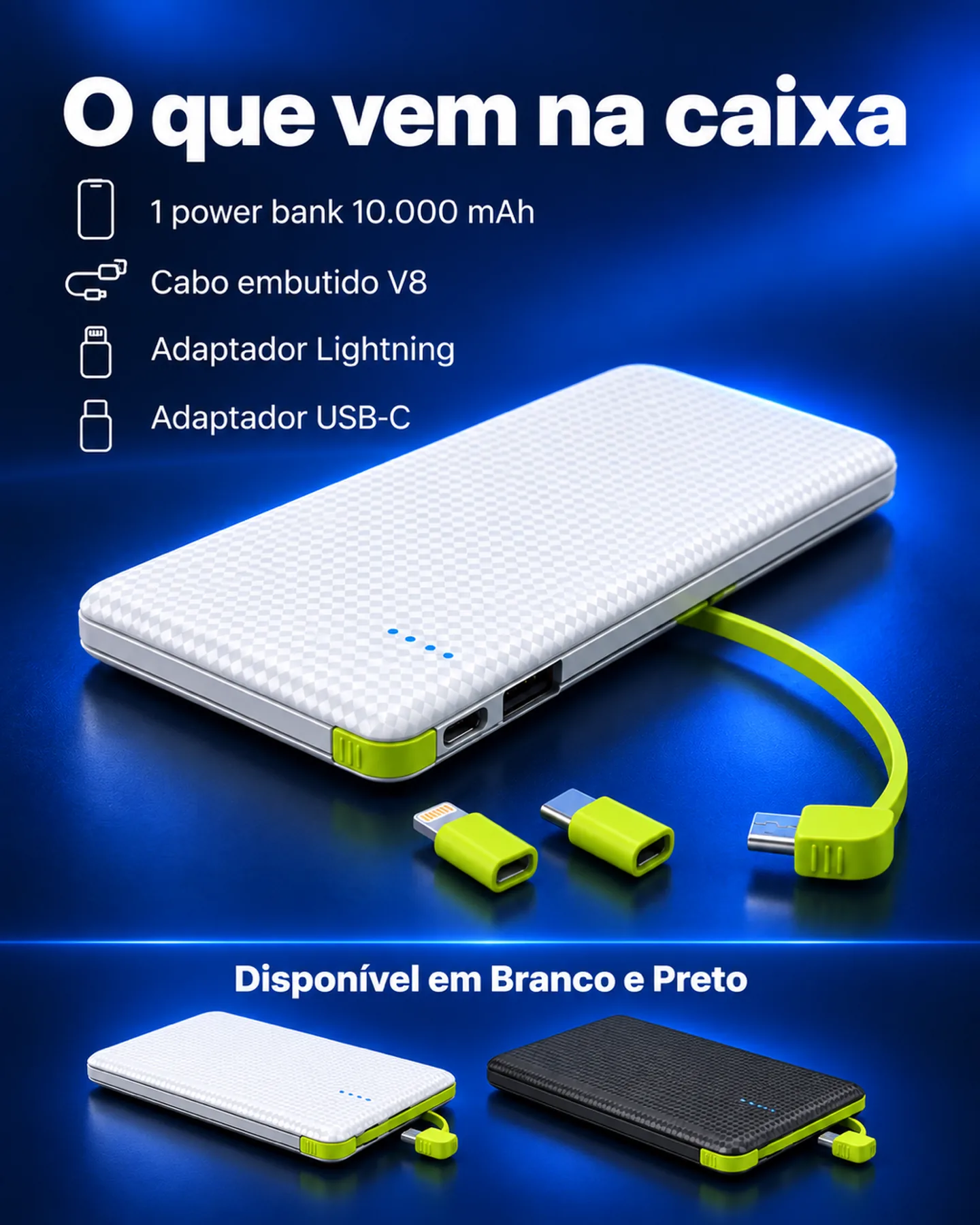 Power Bank Universal 10.000 mAh com cabo V8 — Conteúdo da caixa
