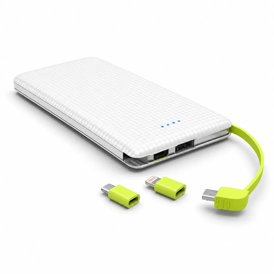 Power Bank Universal 10.000 mAh com cabo V8 — branco angulo