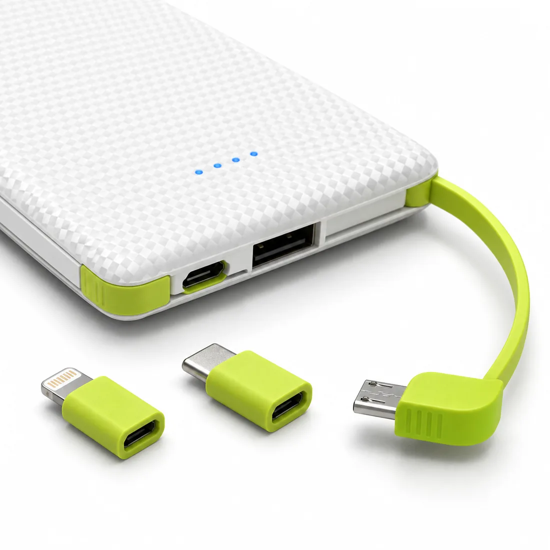 Power Bank Universal 10.000 mAh com cabo V8 — detalhe cabo adaptadores