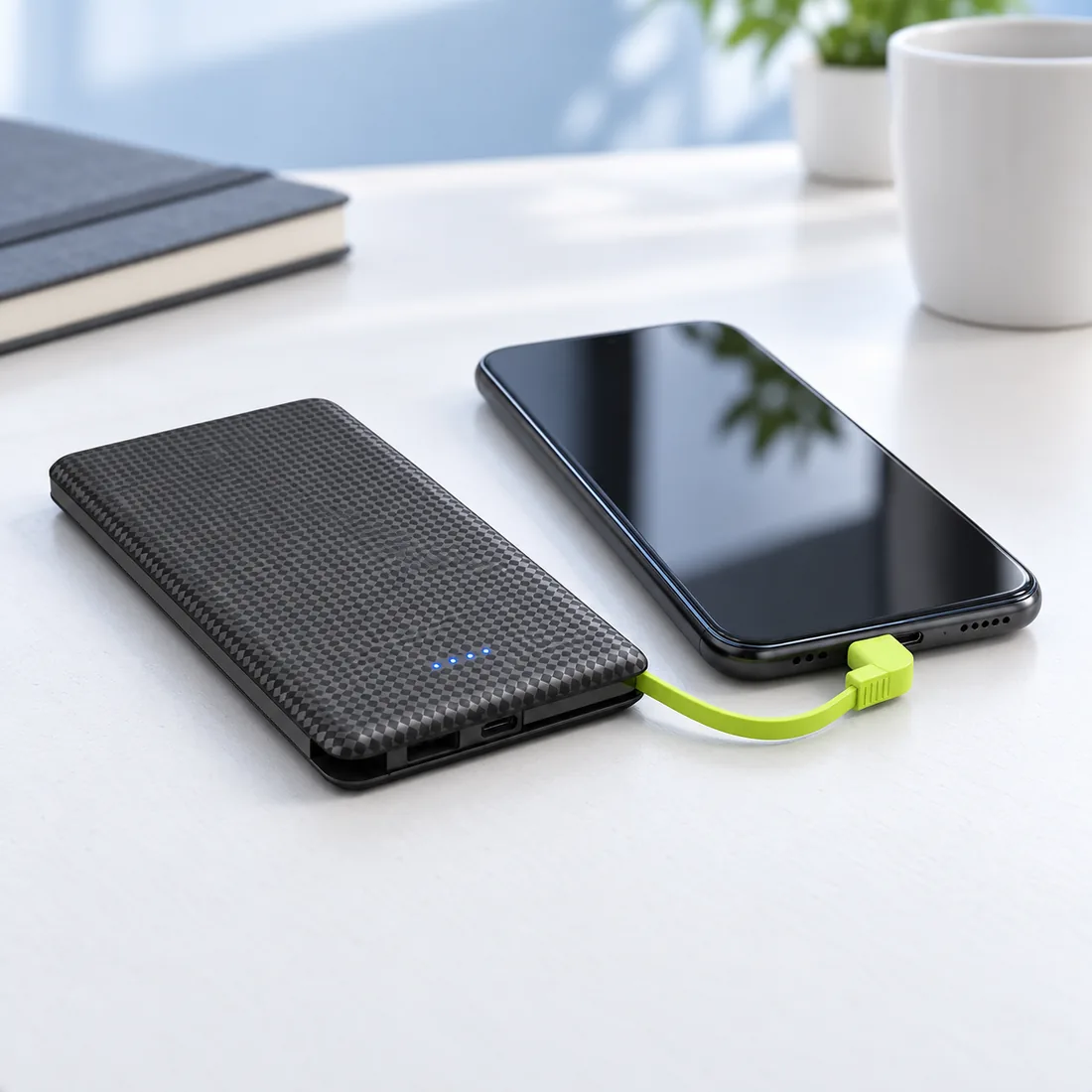 Power Bank Universal 10.000 mAh com cabo V8 — lifestyle mesa
