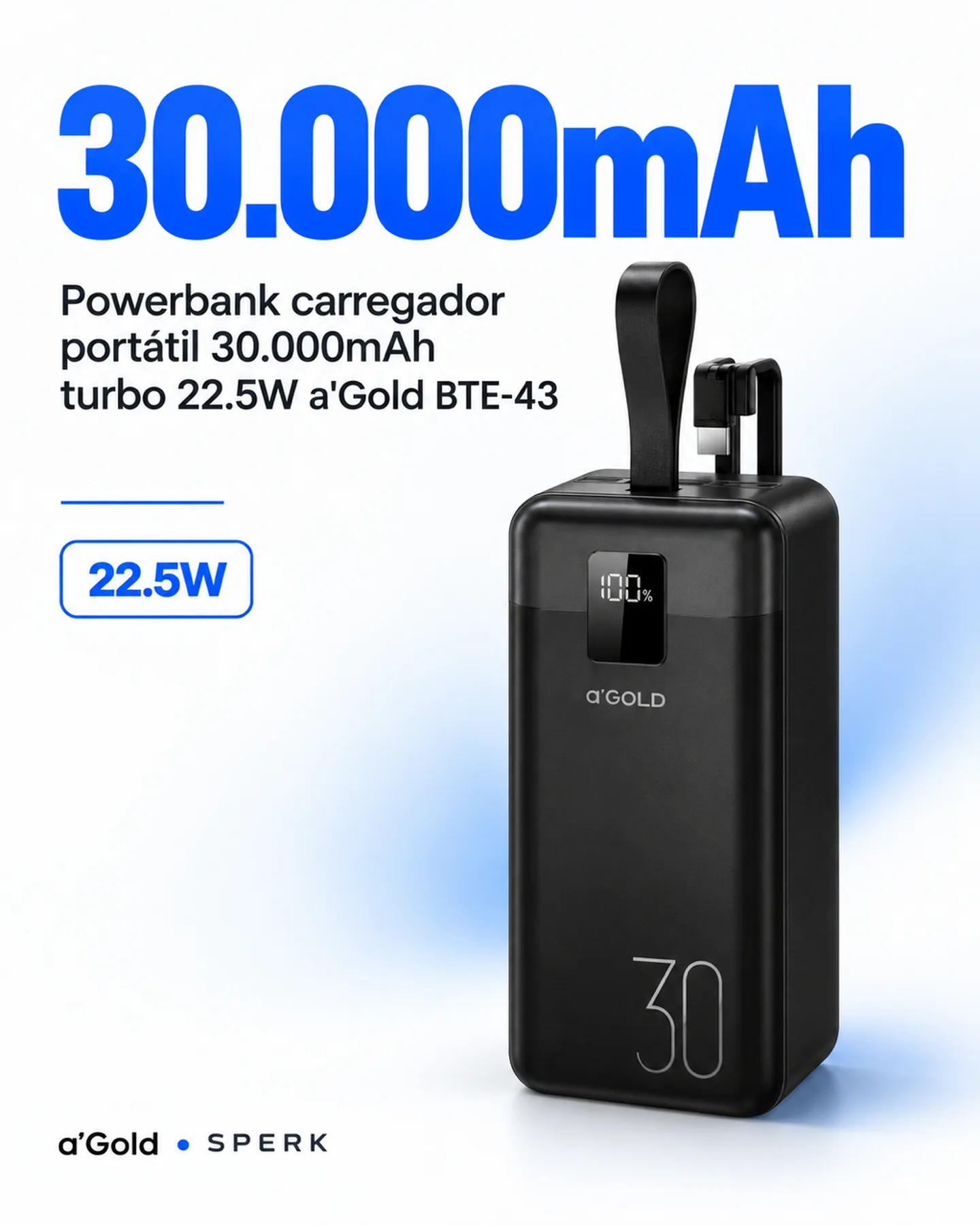 Powerbank carregador portátil 30.000mAh turbo 22.5W a'Gold BTE-43 — painel 2