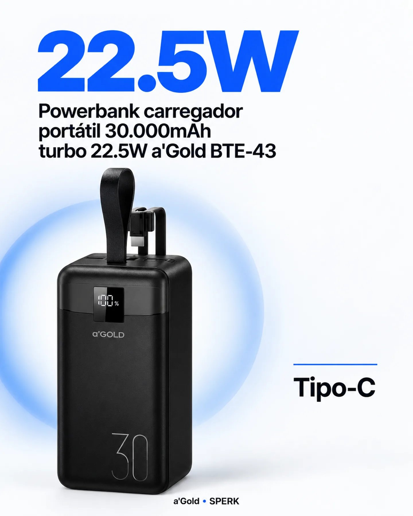 Powerbank carregador portátil 30.000mAh turbo 22.5W a'Gold BTE-43 — painel 3