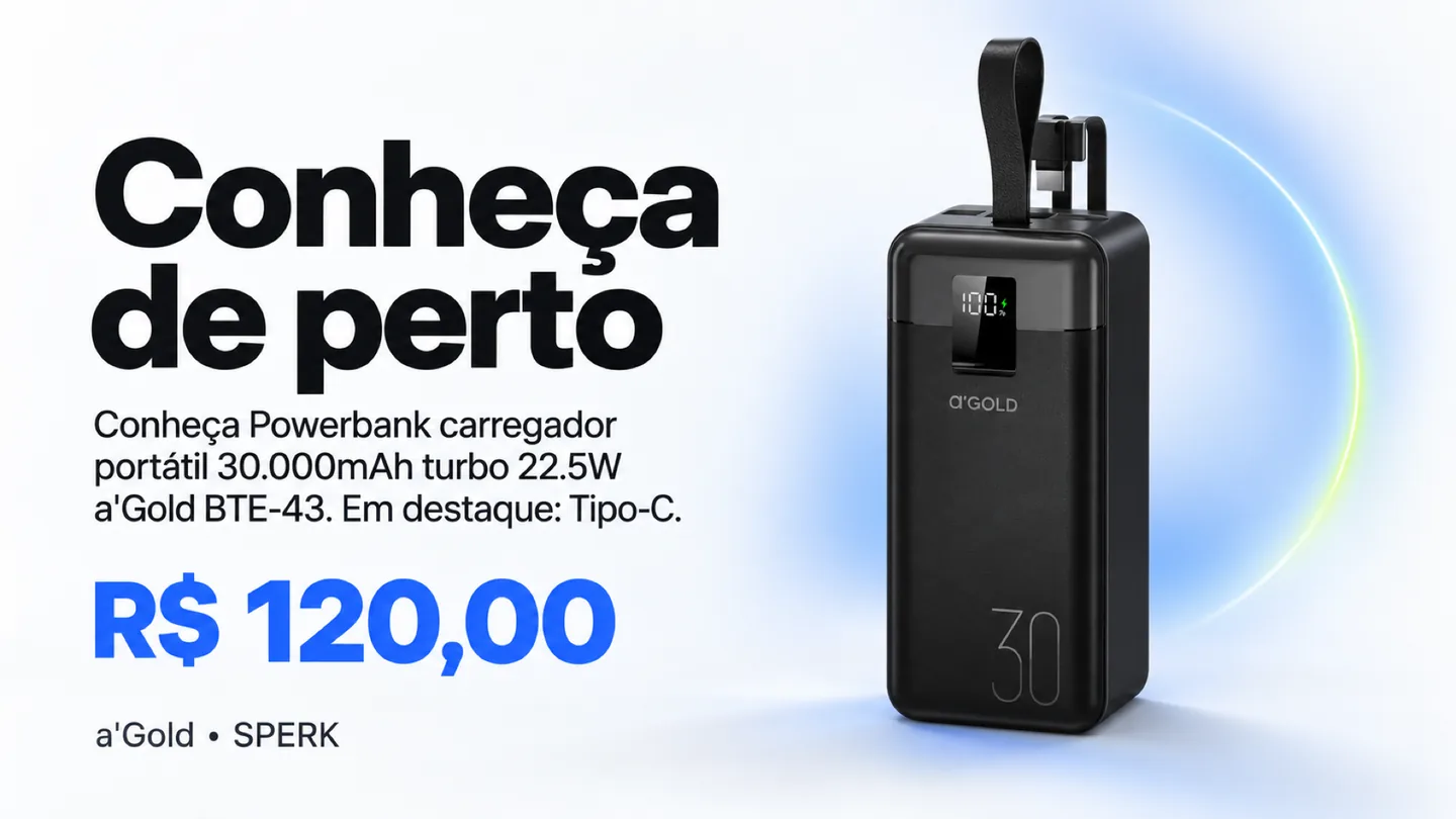Powerbank carregador portátil 30.000mAh turbo 22.5W a'Gold BTE-43 — heroi descricao