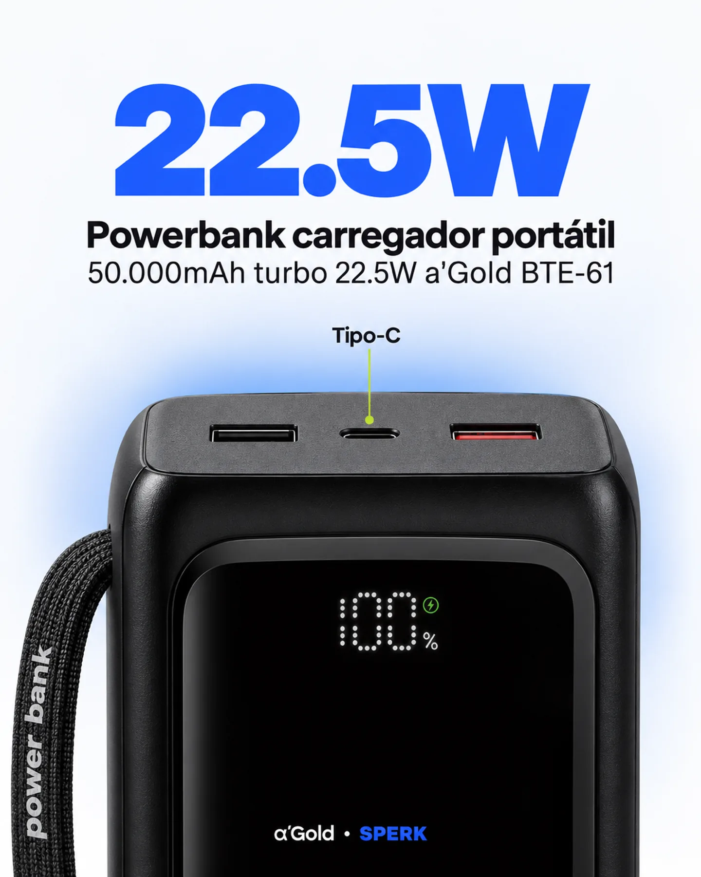 Powerbank carregador portátil 50.000mAh turbo 22.5W a'Gold BTE-61 — painel 3