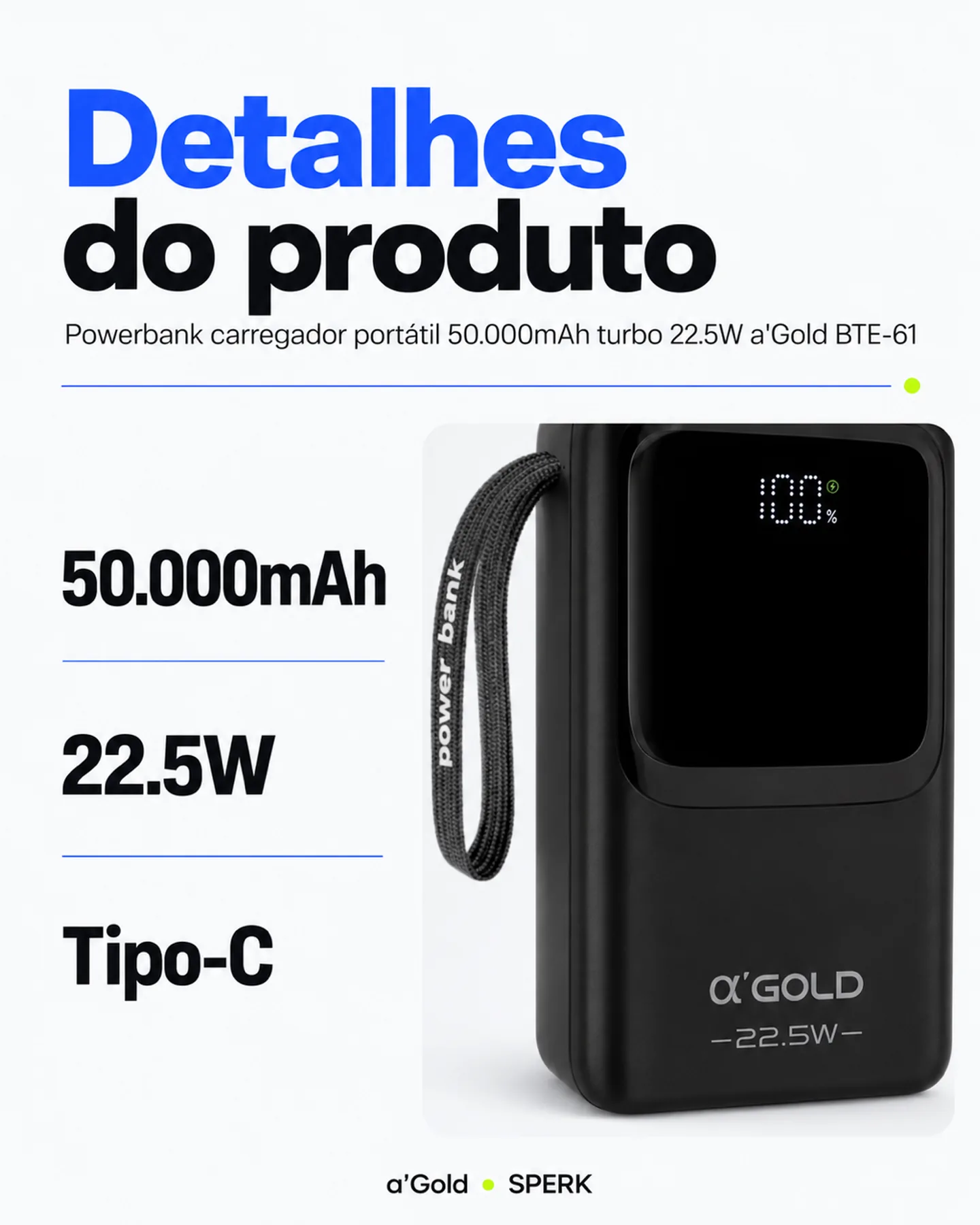 Powerbank carregador portátil 50.000mAh turbo 22.5W a'Gold BTE-61 — painel 4