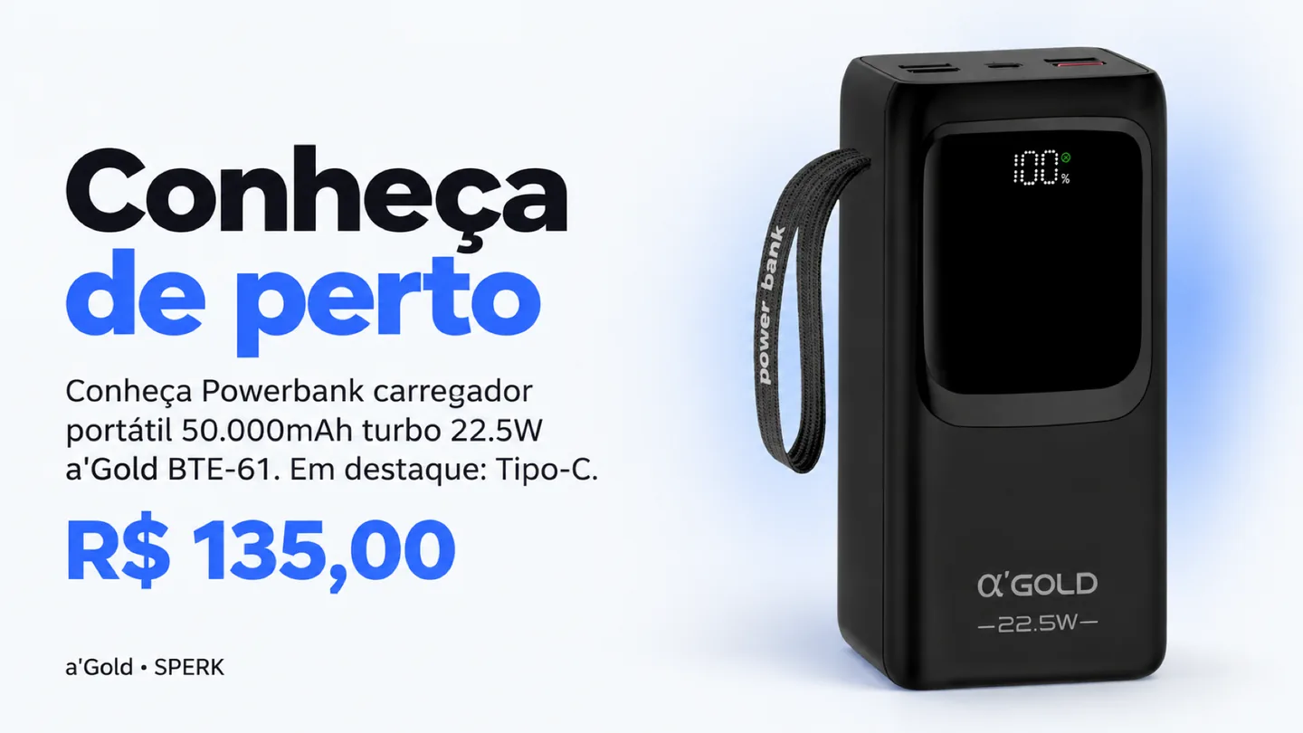 Powerbank carregador portátil 50.000mAh turbo 22.5W a'Gold BTE-61 — heroi descricao