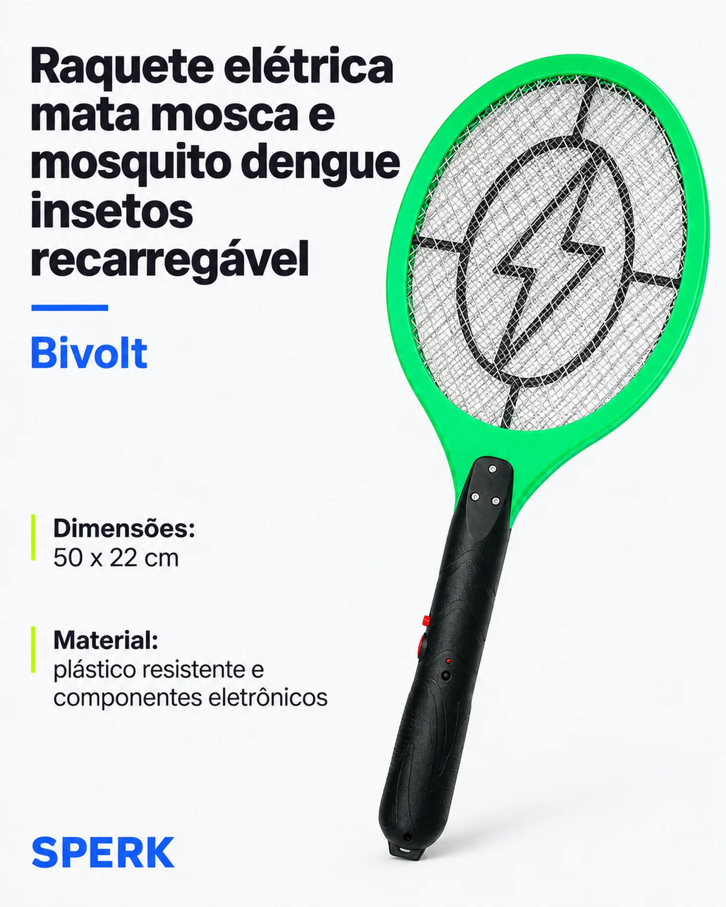 Raquete elétrica mata mosca e mosquito dengue insetos recarregável — painel 1