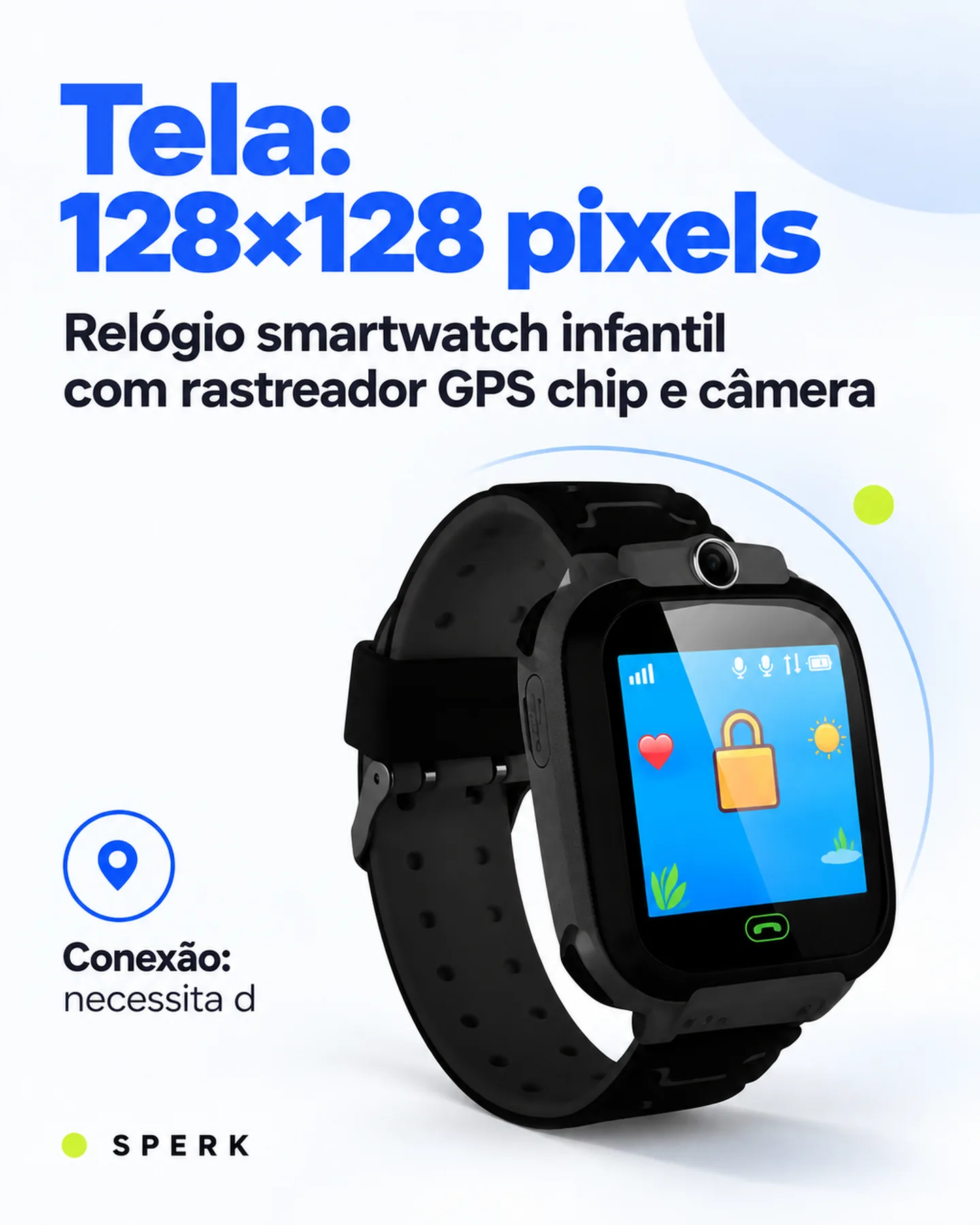 Relógio smartwatch infantil com rastreador GPS chip e câmera — painel 3