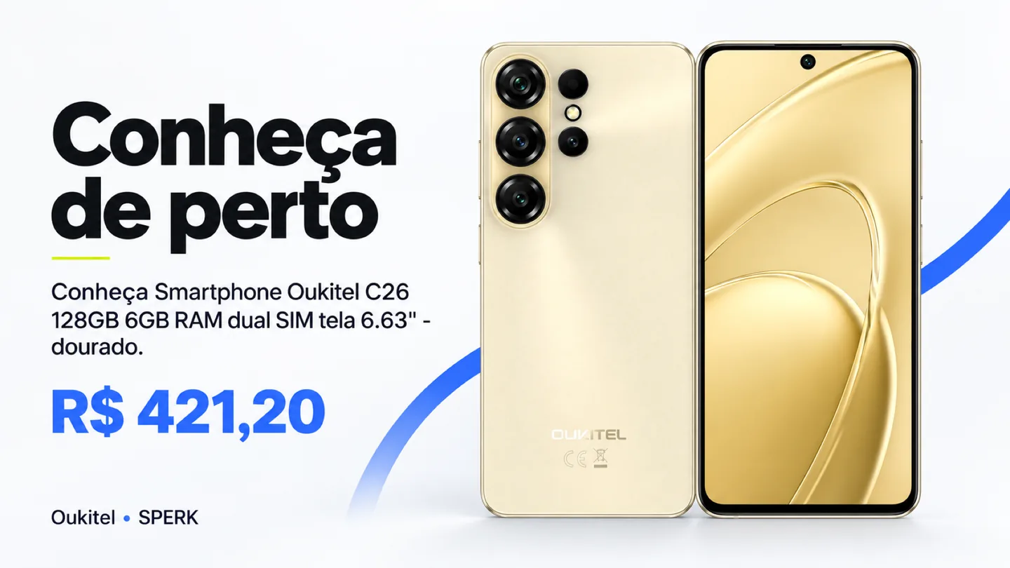 Smartphone Oukitel C26 128GB 6GB RAM dual SIM tela 6.63" - dourado — heroi descricao