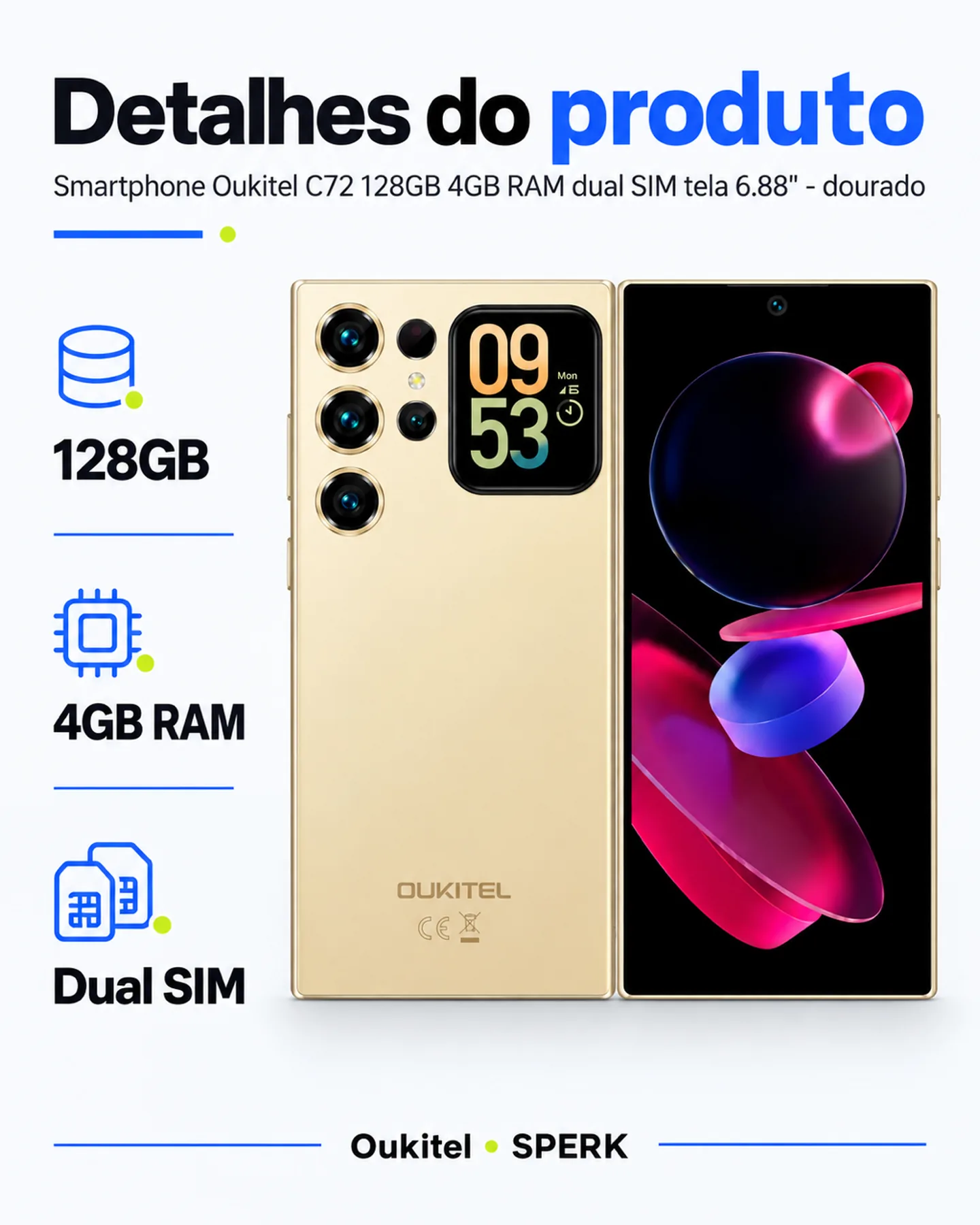 Smartphone Oukitel C72 128GB 4GB RAM dual SIM tela 6.88" - dourado — painel 4