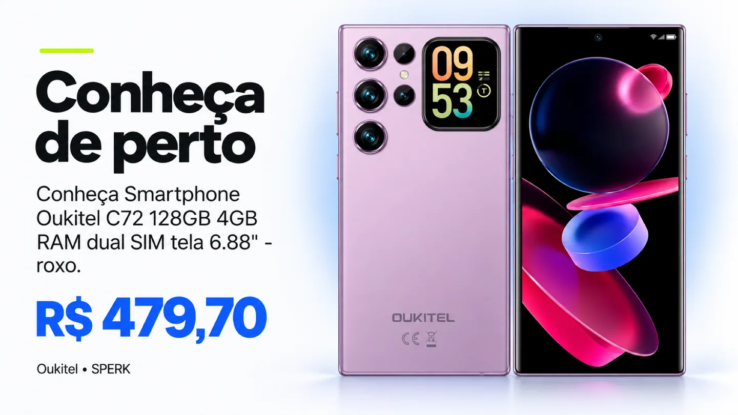 Smartphone Oukitel C72 128GB 4GB RAM dual SIM tela 6.88" - roxo — heroi descricao