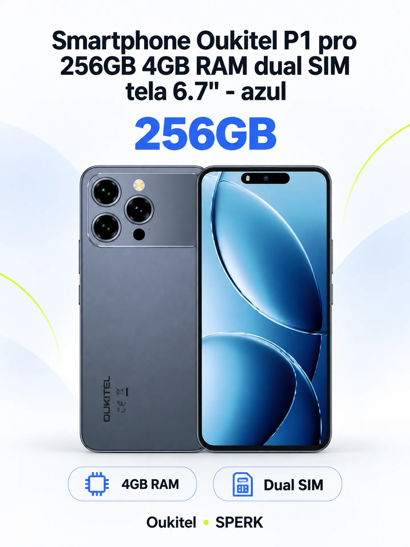 Smartphone Oukitel P1 pro 256GB 4GB RAM dual SIM tela 6.7" - azul — painel 1