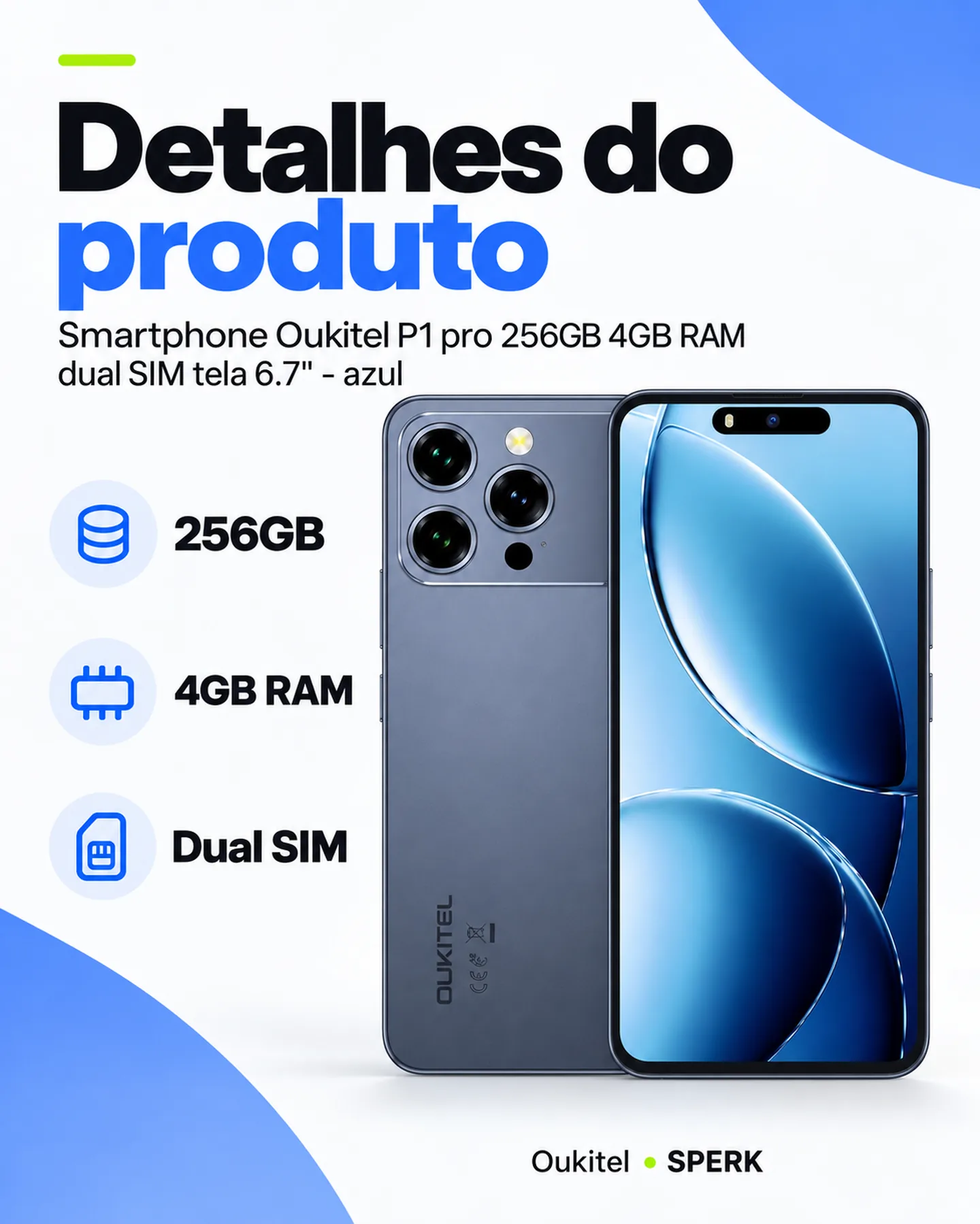 Smartphone Oukitel P1 pro 256GB 4GB RAM dual SIM tela 6.7" - azul — painel 4