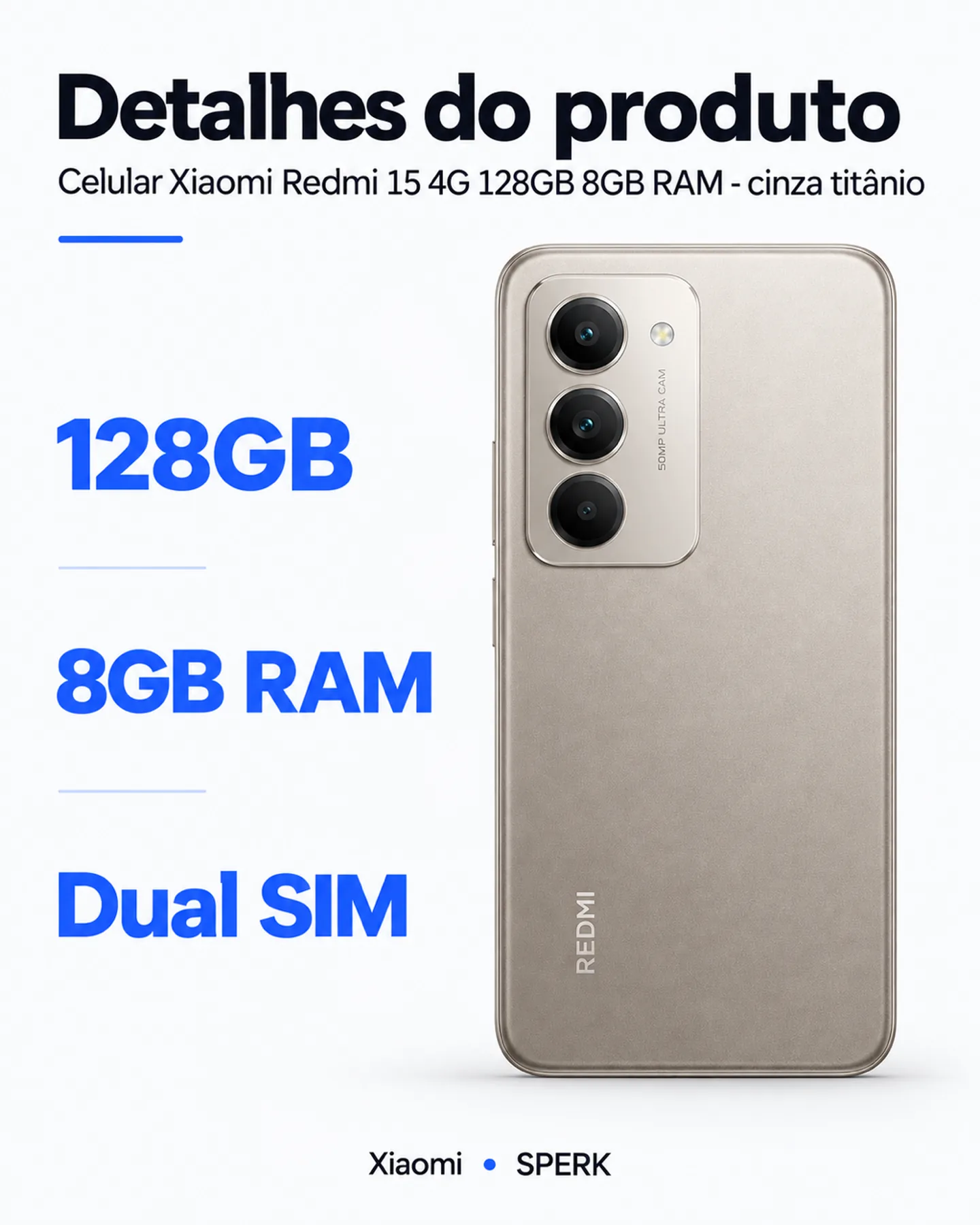 Celular Xiaomi Redmi 15 4G 128GB 8GB RAM - cinza titânio — painel 4