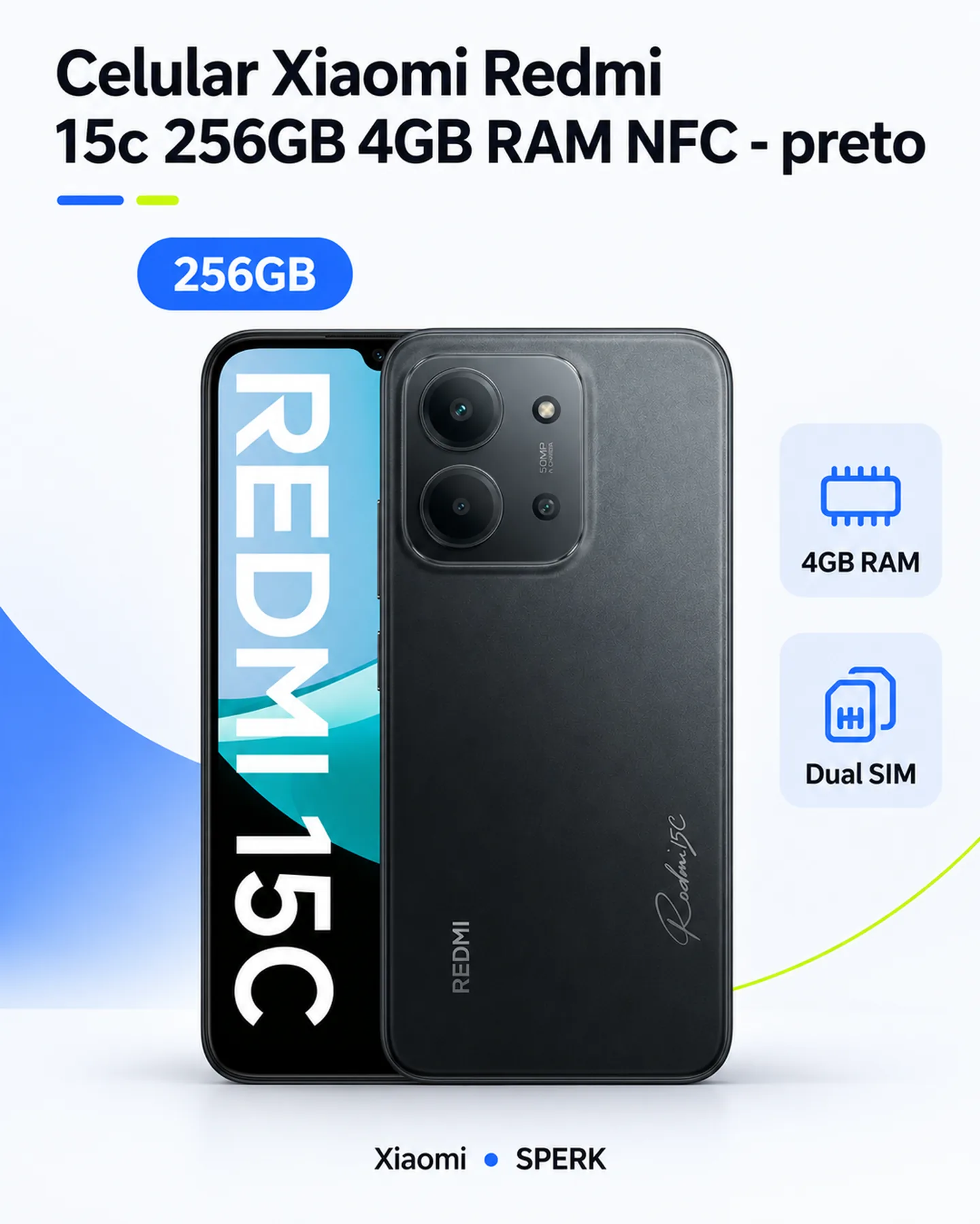 Celular Xiaomi Redmi 15c 256GB 4GB RAM NFC - preto — painel 1