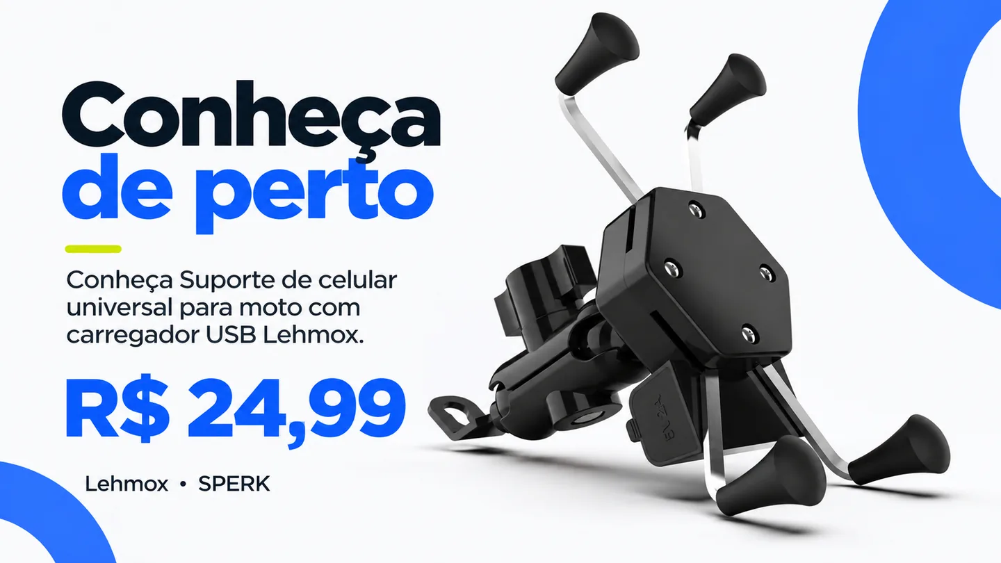 Suporte de celular universal para moto com carregador USB Lehmox — heroi descricao