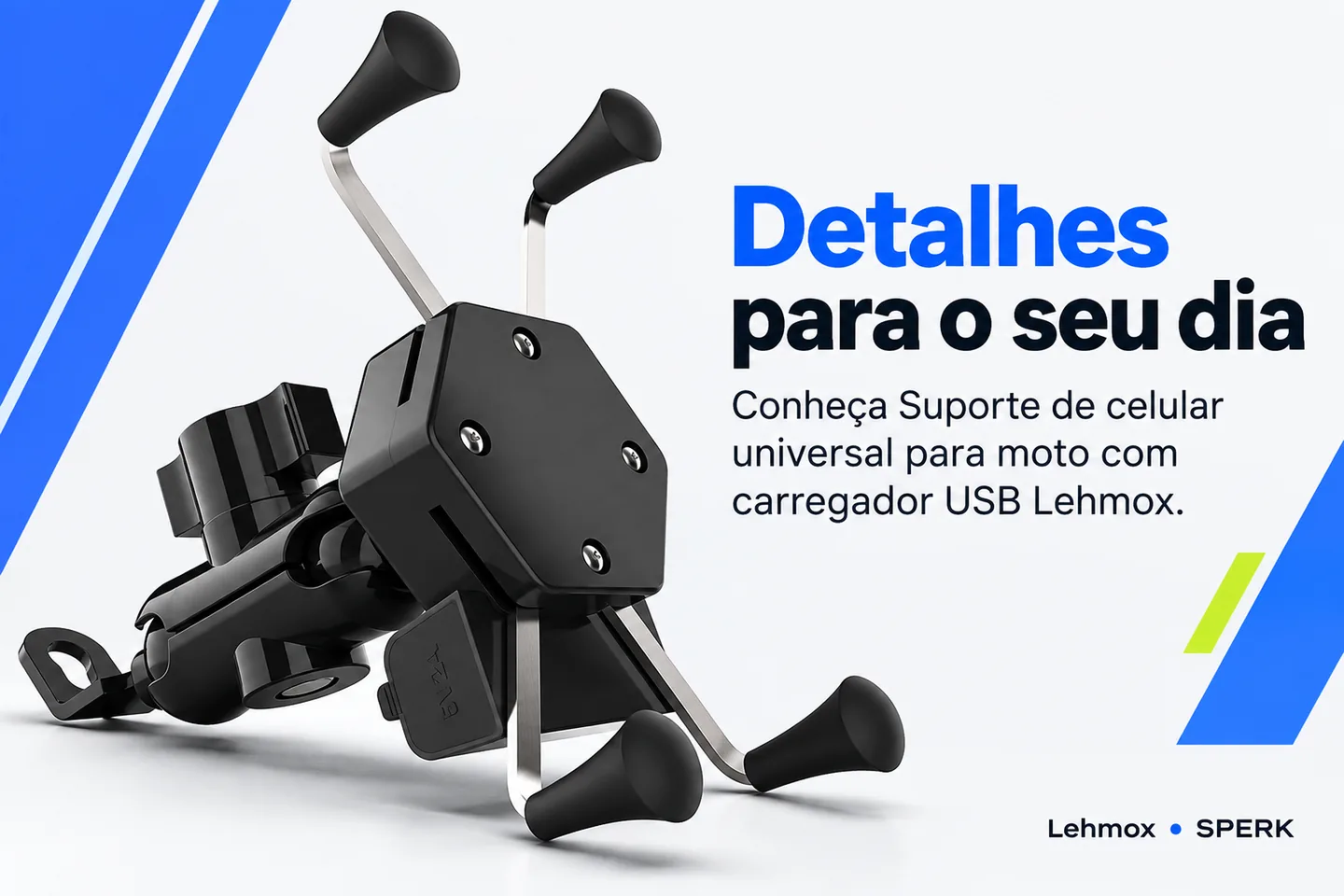 Suporte de celular universal para moto com carregador USB Lehmox — diferencial uso